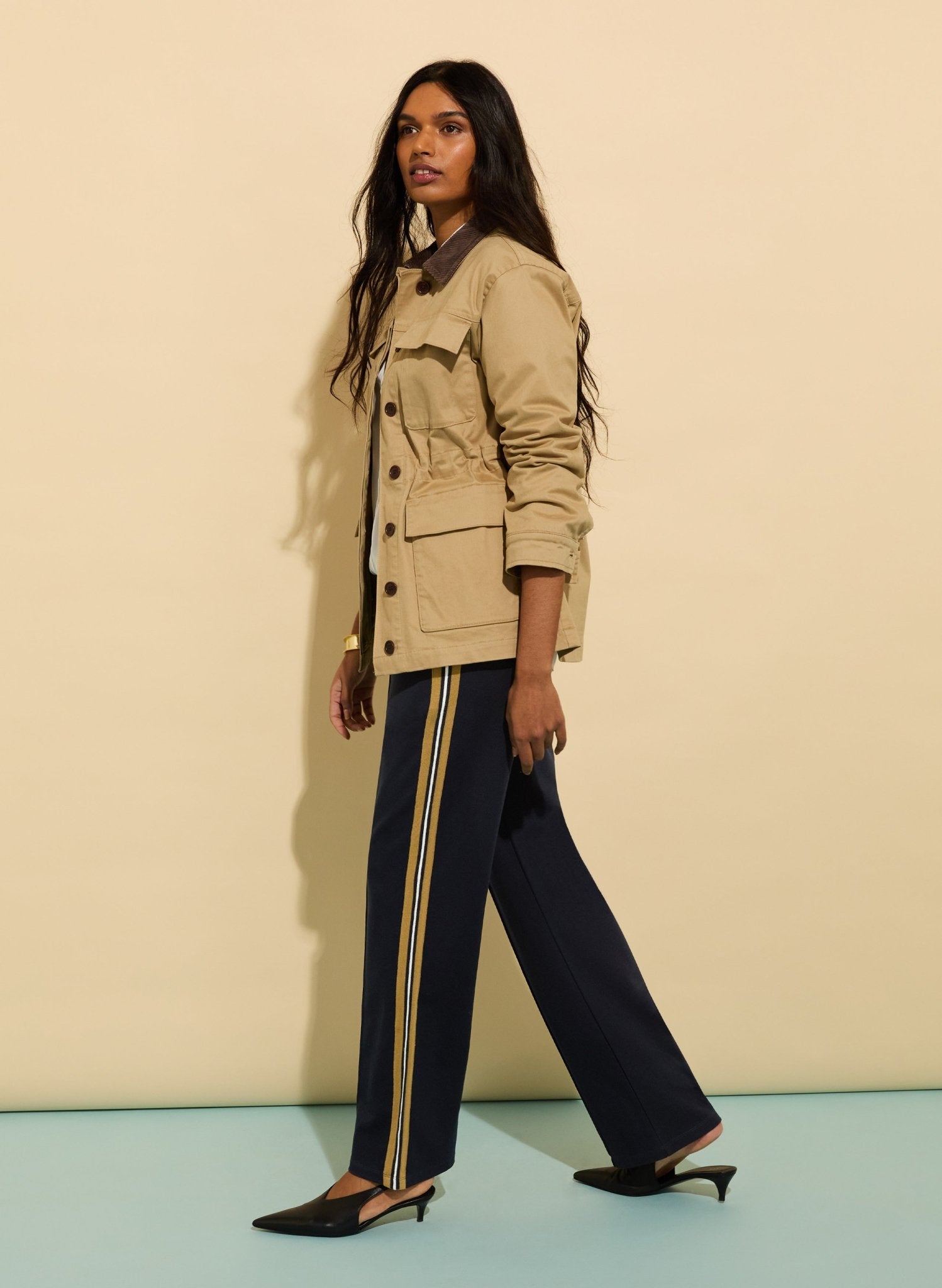 Marjorie Side Stripe Ponte Trousers - Classic Navy, Taupe & Cream Baukjen