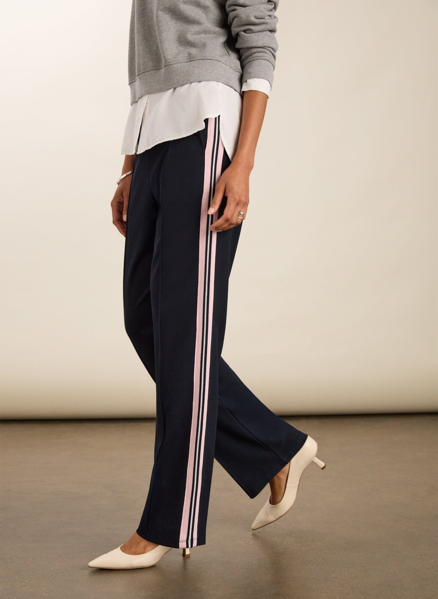 Marjorie Side Stripe Ponte Trousers - Navy, Powder Pink & Pure White Baukjen