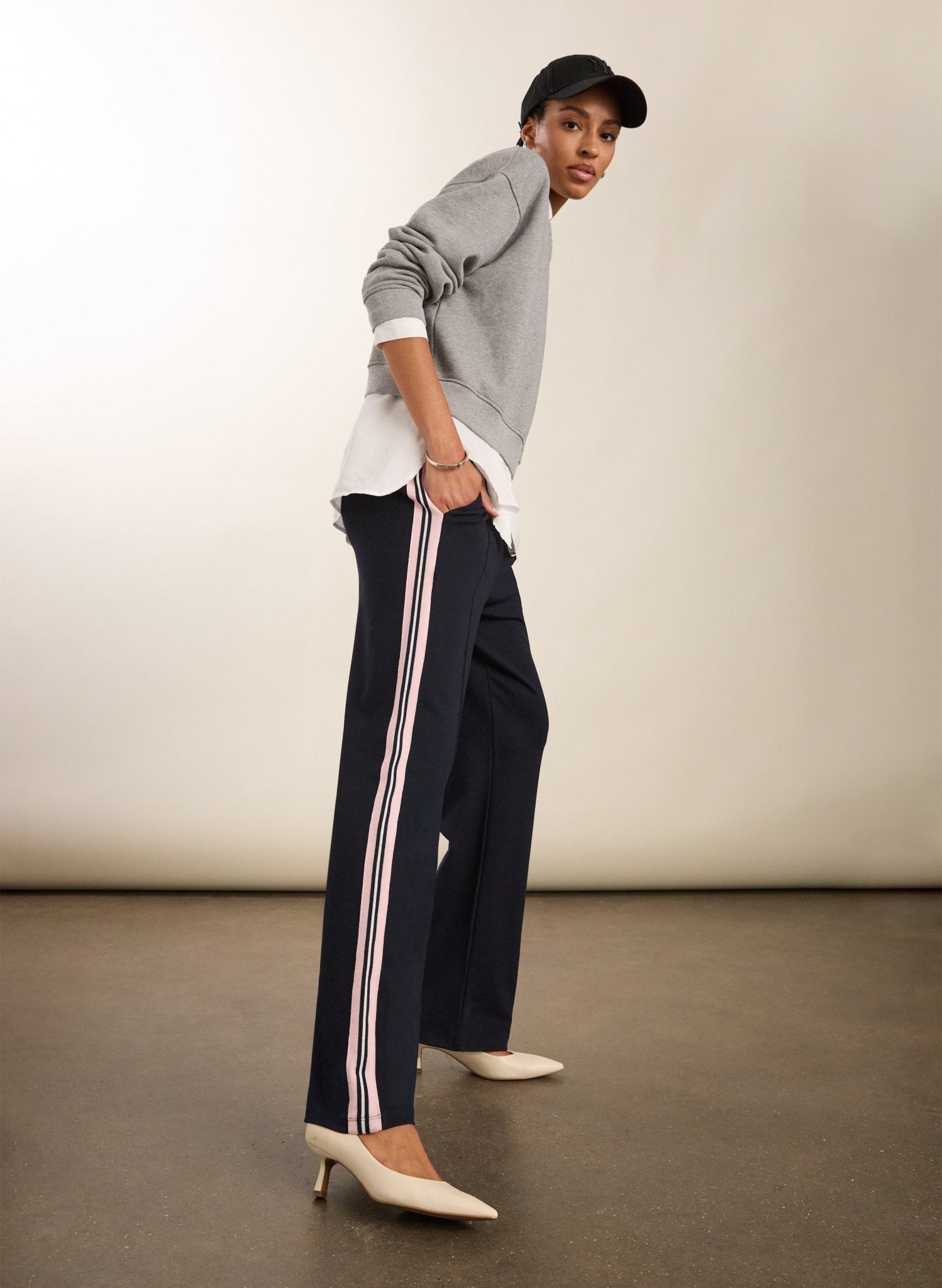 Marjorie Side Stripe Ponte Trousers - Navy, Powder Pink & Pure White Baukjen