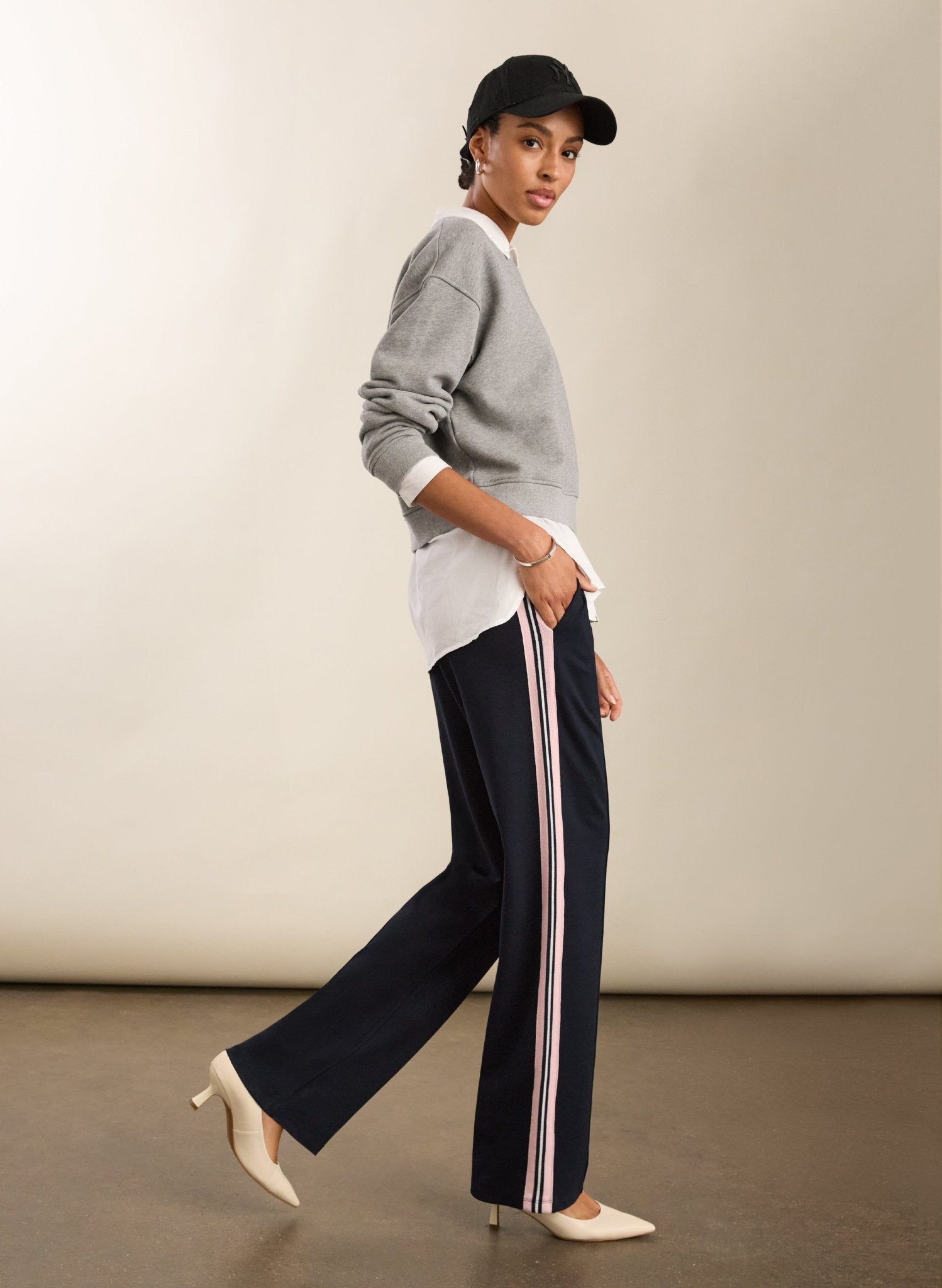 Marjorie Side Stripe Ponte Trousers - Navy, Powder Pink & Pure White Baukjen