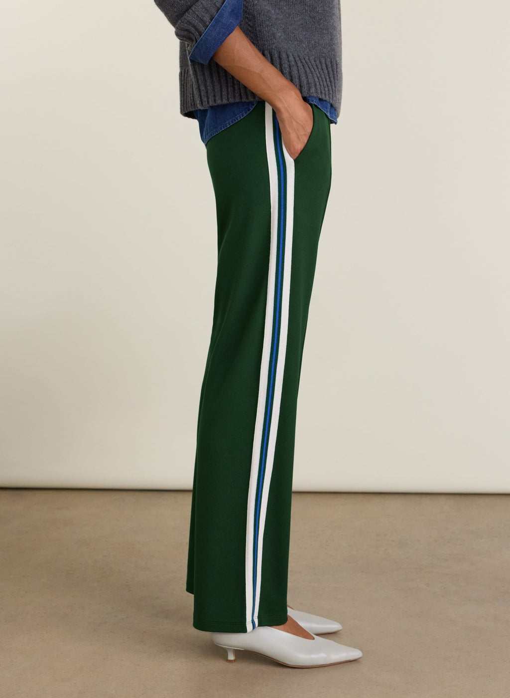 Marjorie Side Stripe Trousers - Forest Green, Cream & Blue Baukjen