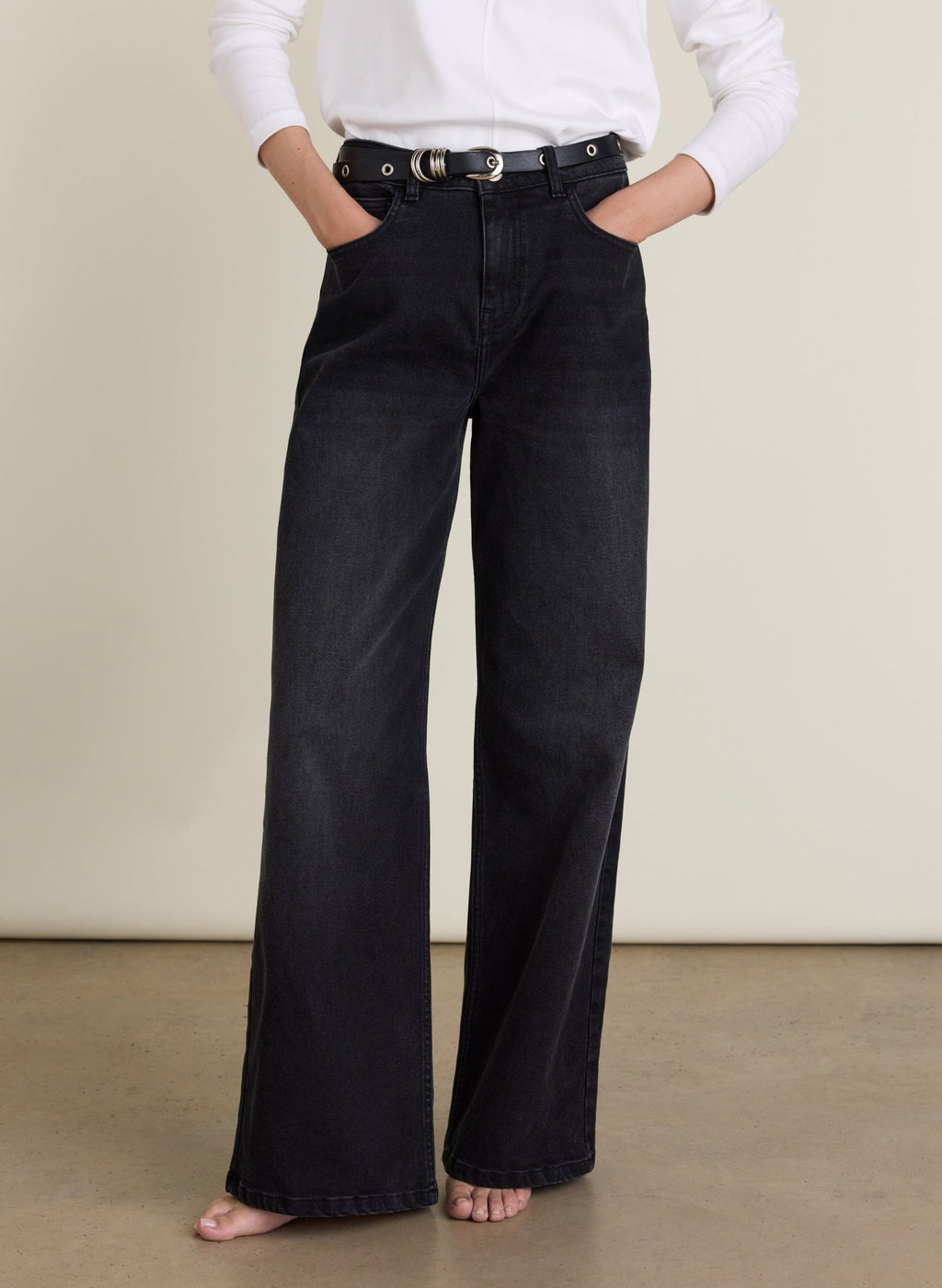 Marta Wide Leg High Waist Jeans - Washed Black Baukjen