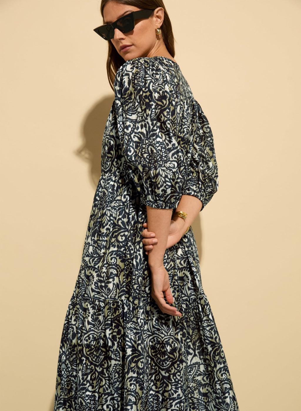 Mathilda Organic Cotton Kaftan Dress - Black Stencil Print Baukjen