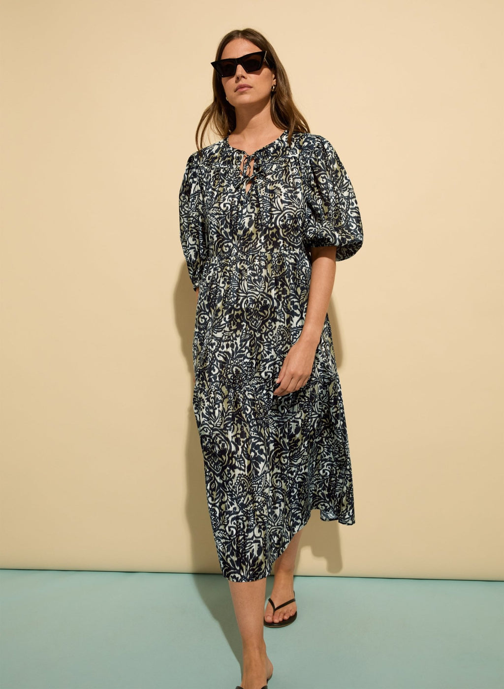 Mathilda Organic Cotton Kaftan Dress - Black Stencil Print Baukjen