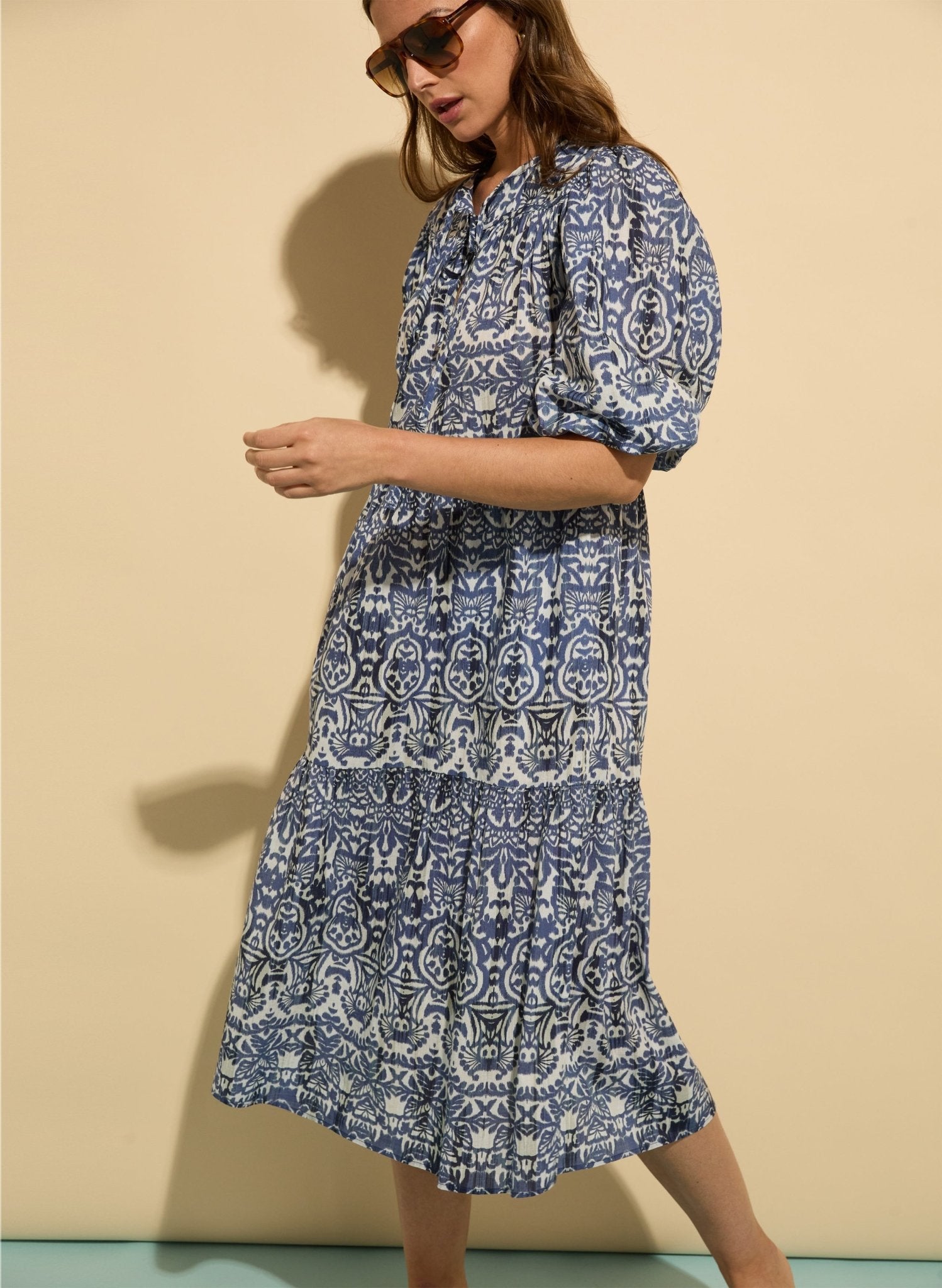 Mathilda Organic Cotton Kaftan Dress - Blue Stencil Geo Baukjen
