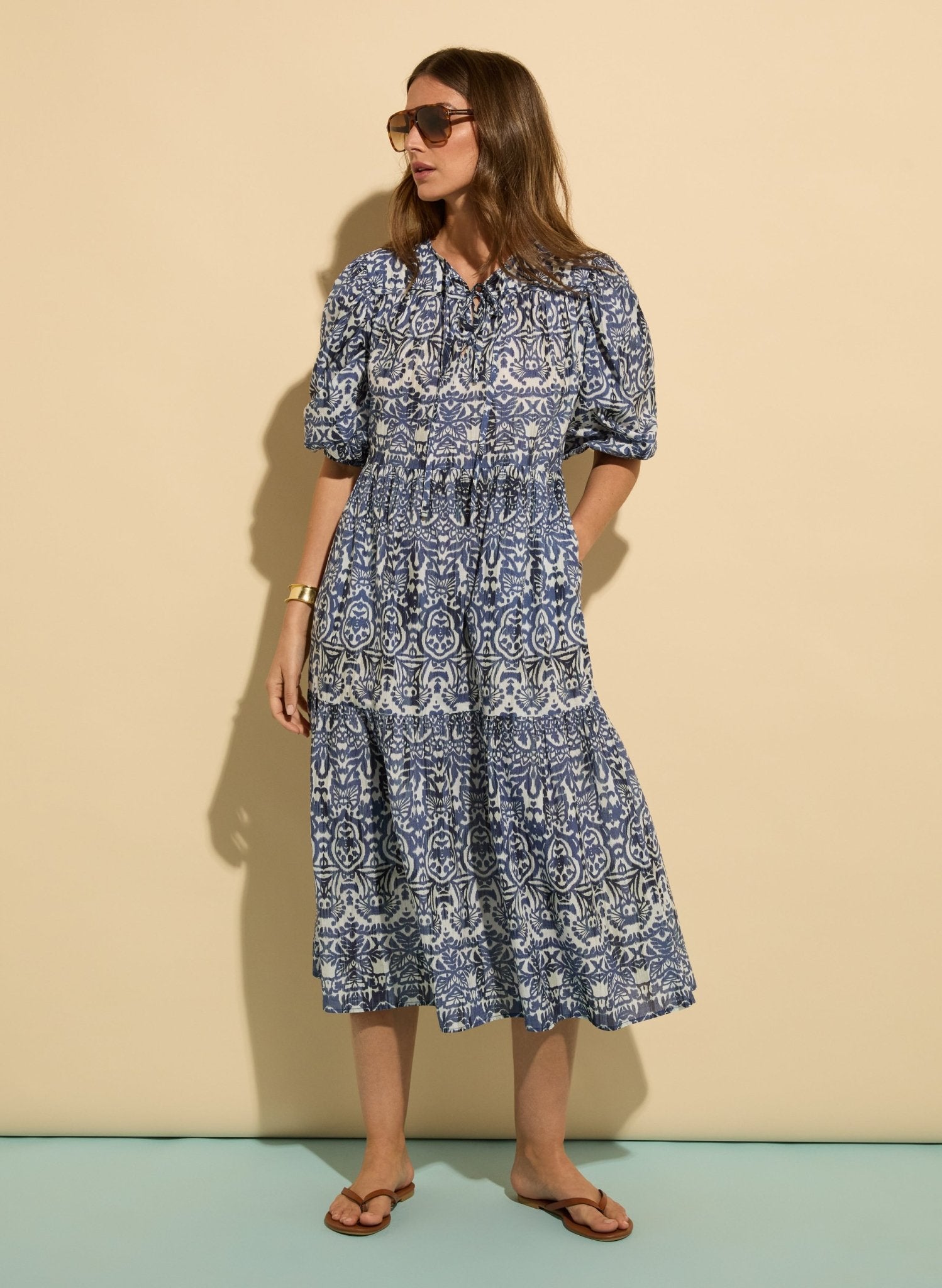 Mathilda Organic Cotton Kaftan Dress - Blue Stencil Geo Baukjen