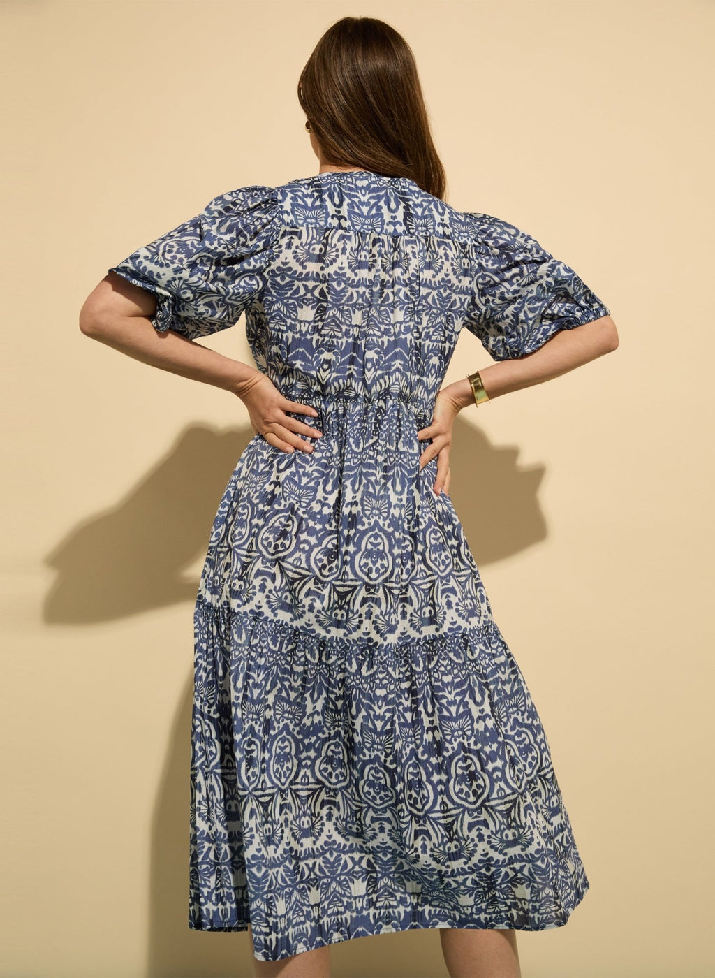 Mathilda Organic Cotton Kaftan Dress - Blue Stencil Geo Baukjen