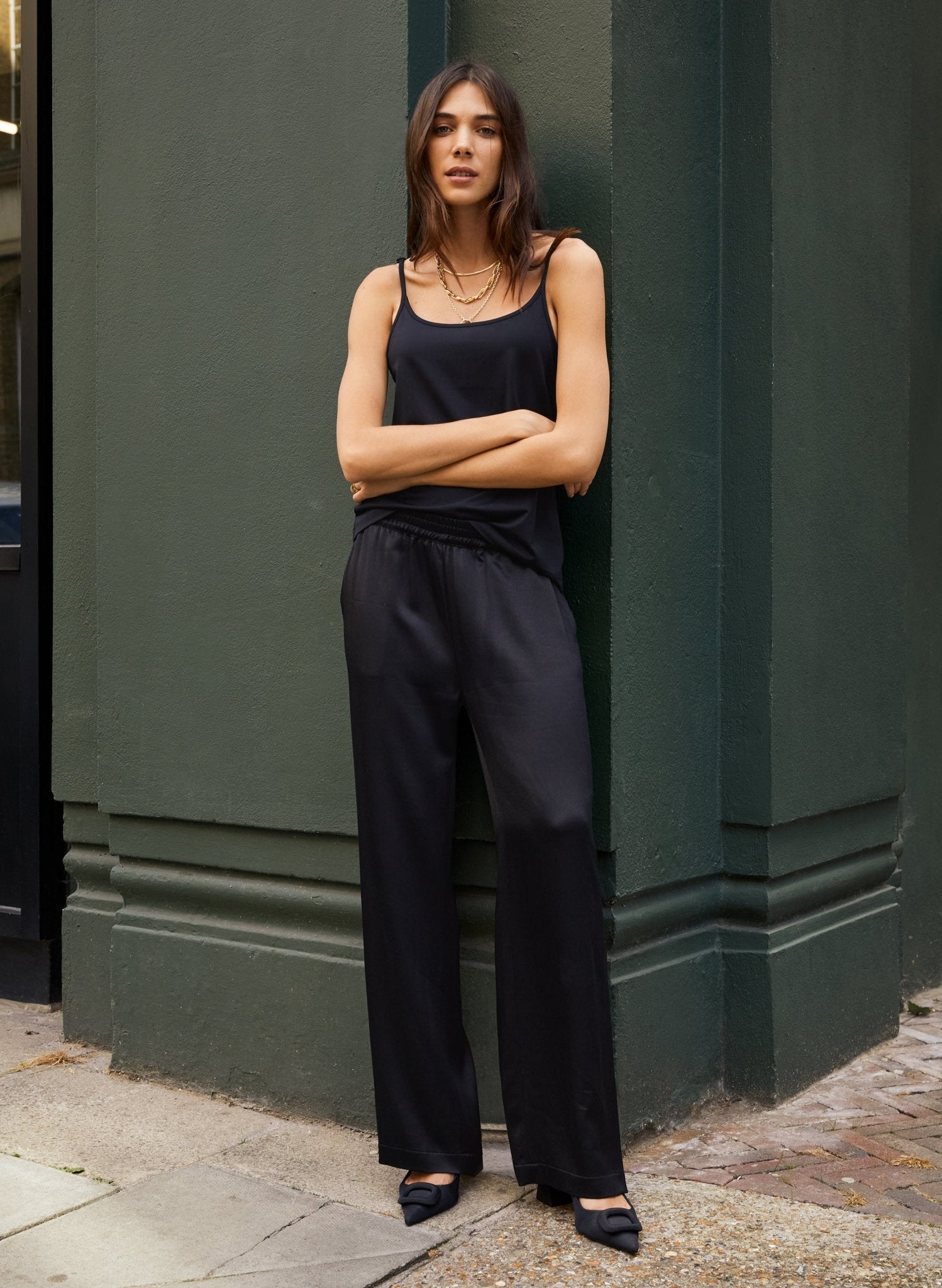 Megan Satin Palazzo Trousers - Caviar Black | Baukjen
