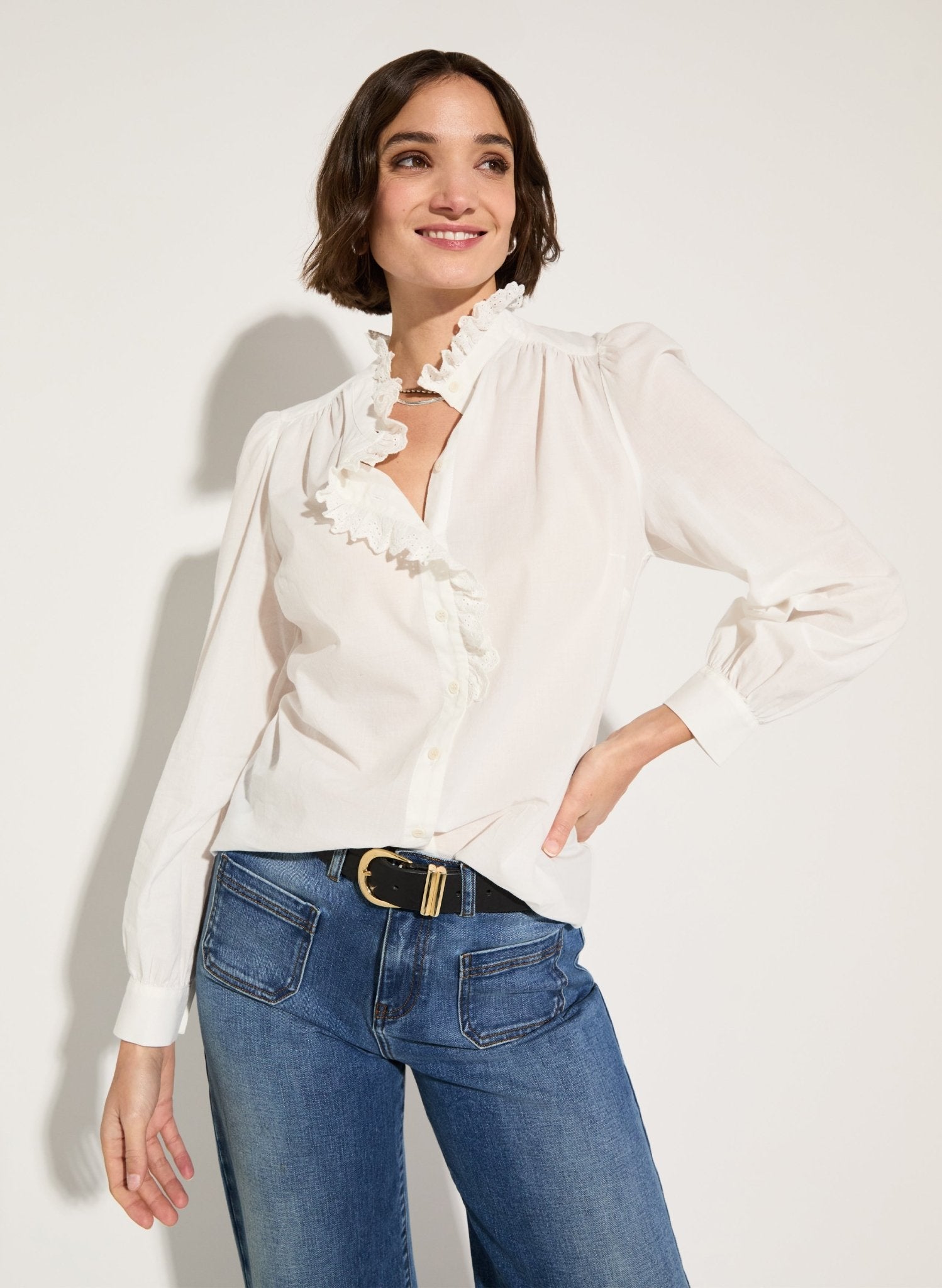 Milla Organic Cotton Broderie Detail Blouse - Soft White Baukjen