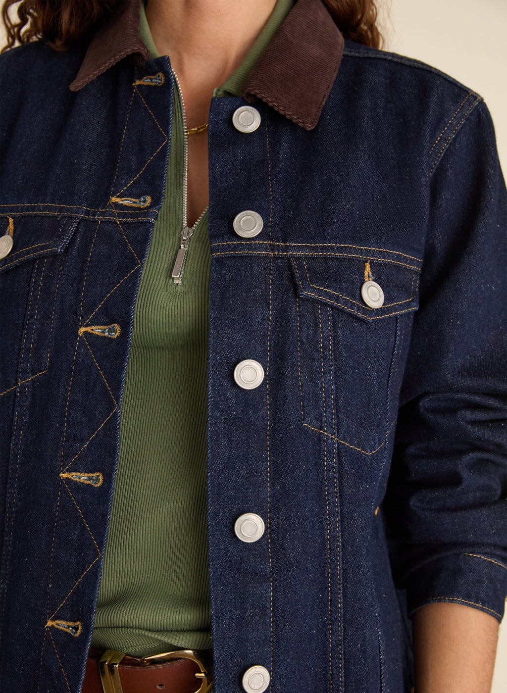Nalan Organic Cotton Denim Trucker Jacket - Dark Denim & Dark Chocolate Baukjen