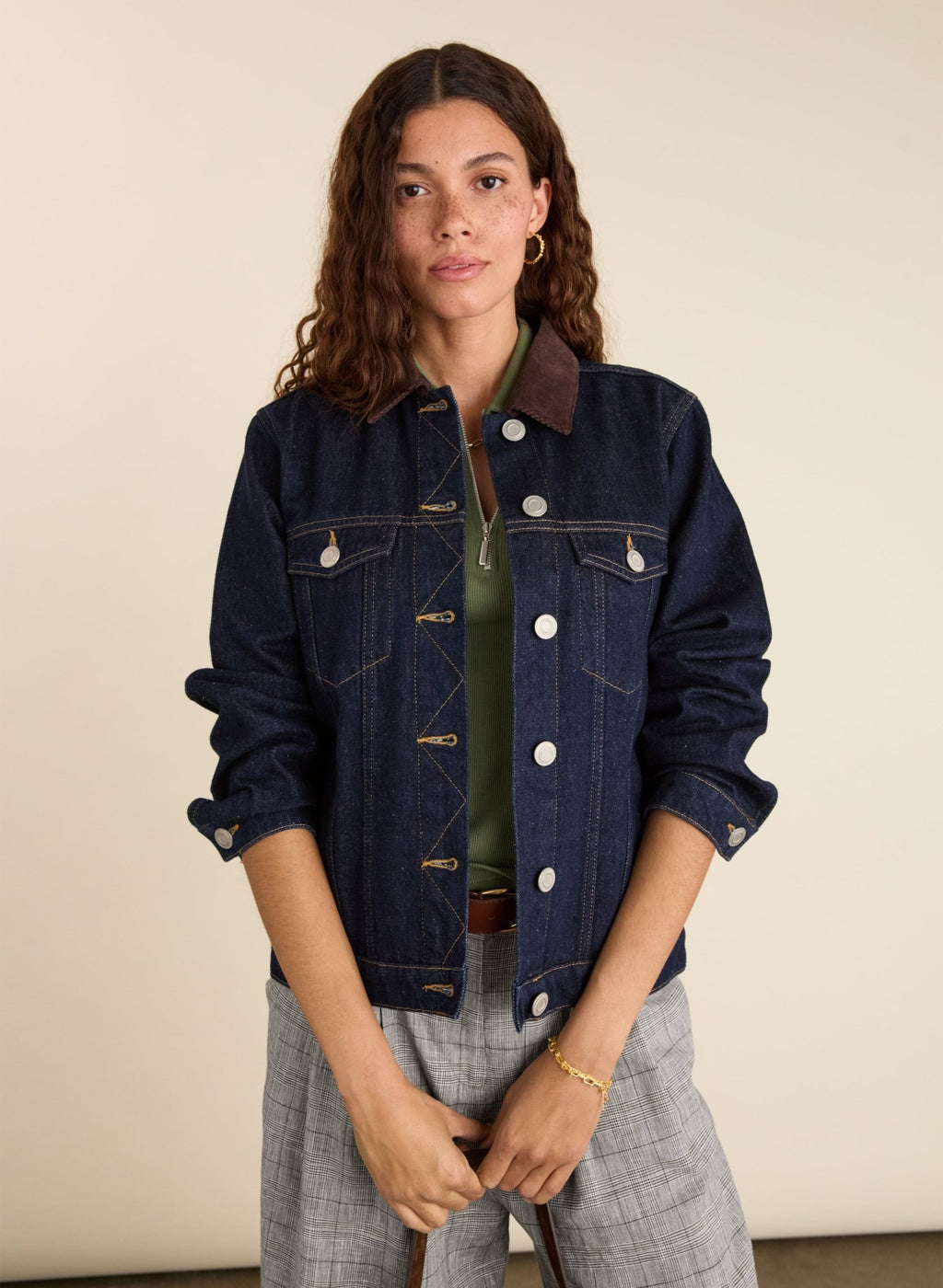 Nalan Organic Cotton Denim Trucker Jacket - Dark Denim & Dark Chocolate Baukjen