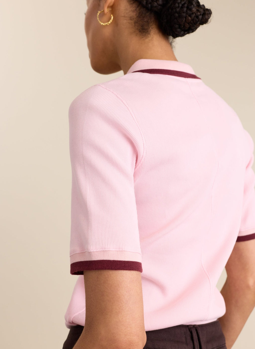 Naomi Organic Rib Zip Collar Top - Pastel Pink & Burgundy Baukjen
