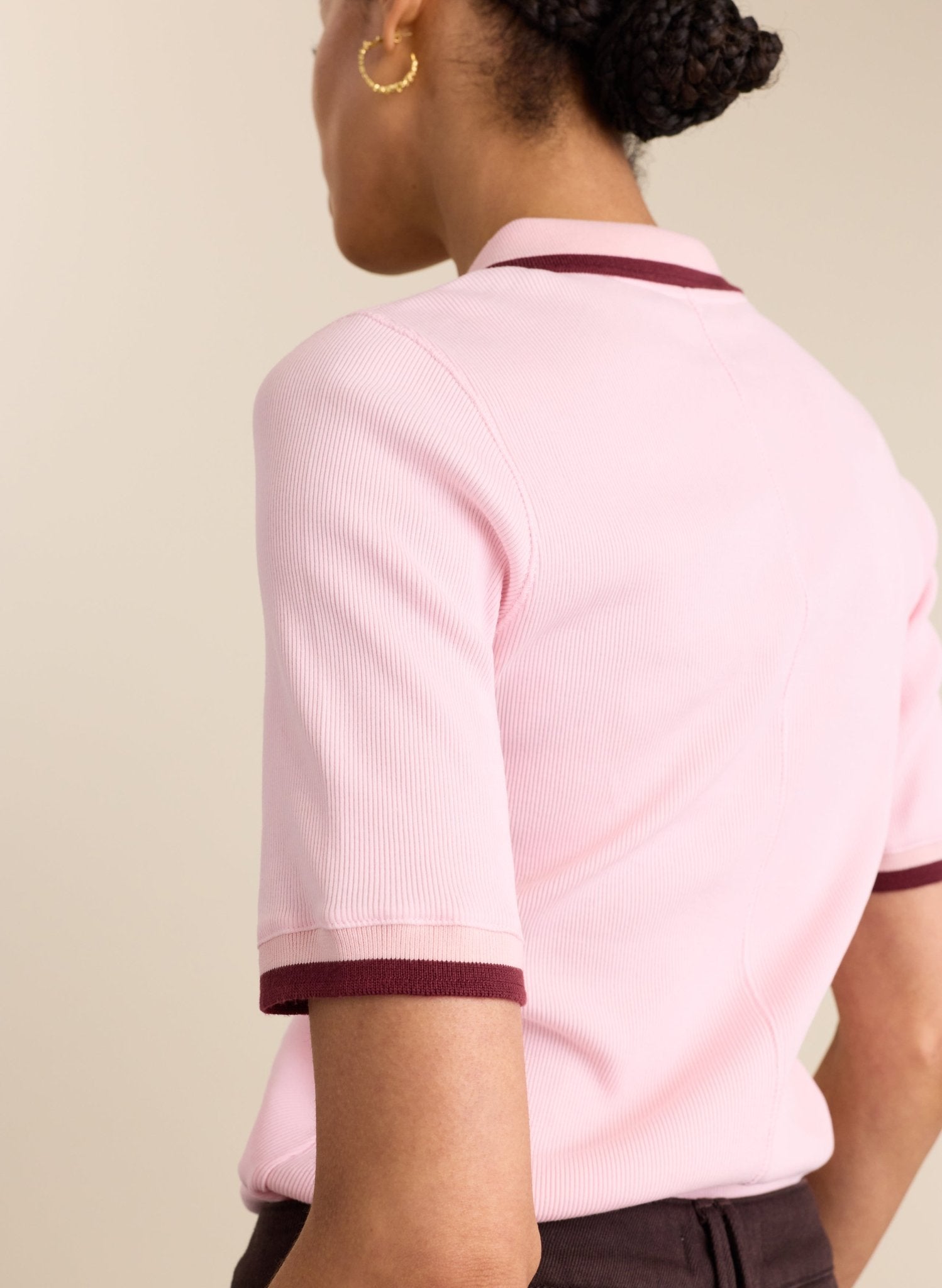 Naomi Organic Rib Zip Collar Top - Pastel Pink & Burgundy Baukjen