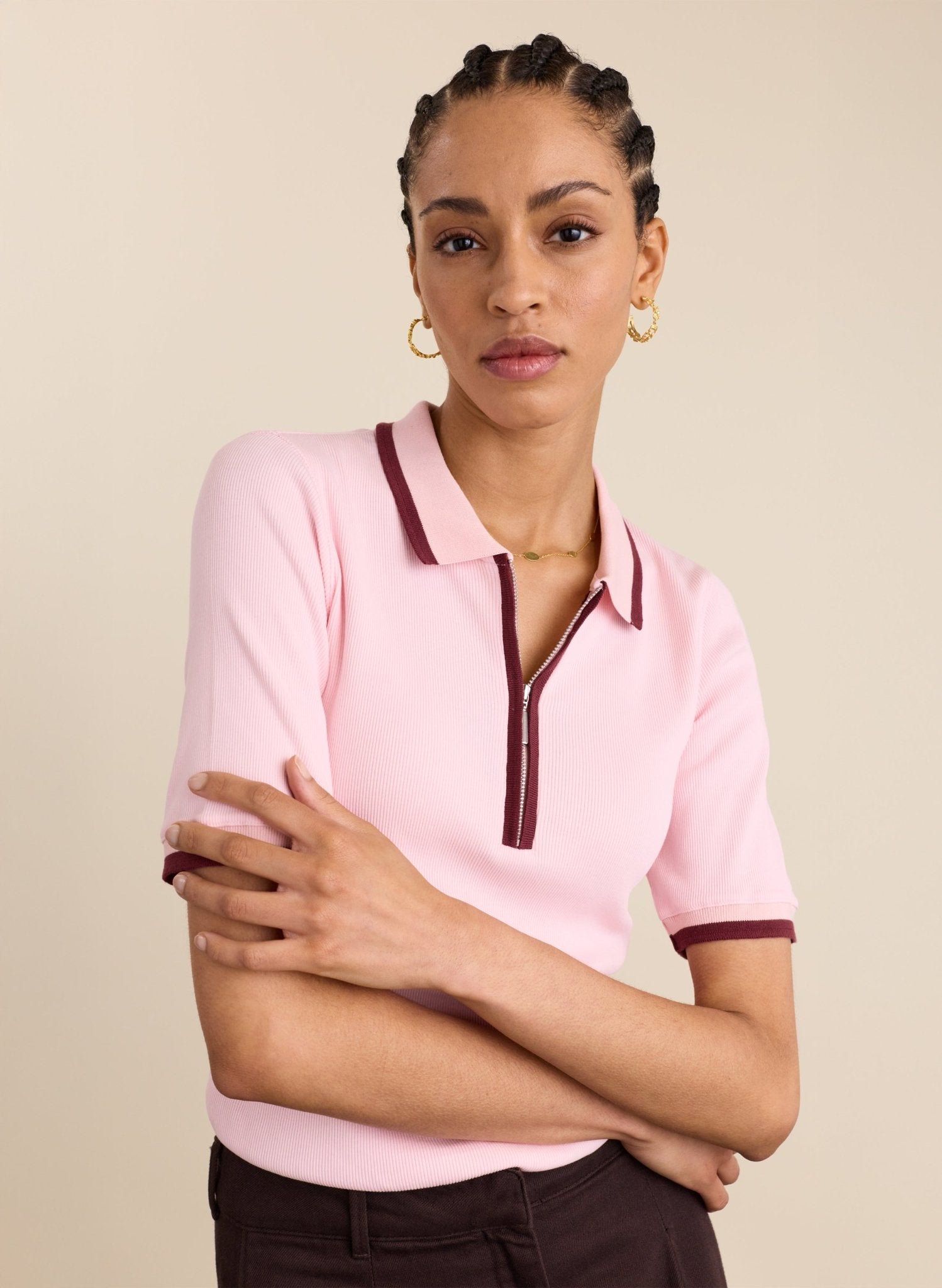 Naomi Organic Rib Zip Collar Top - Pastel Pink & Burgundy Baukjen