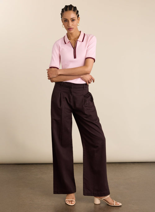 Naomi Organic Rib Zip Collar Top - Pastel Pink & Burgundy Baukjen
