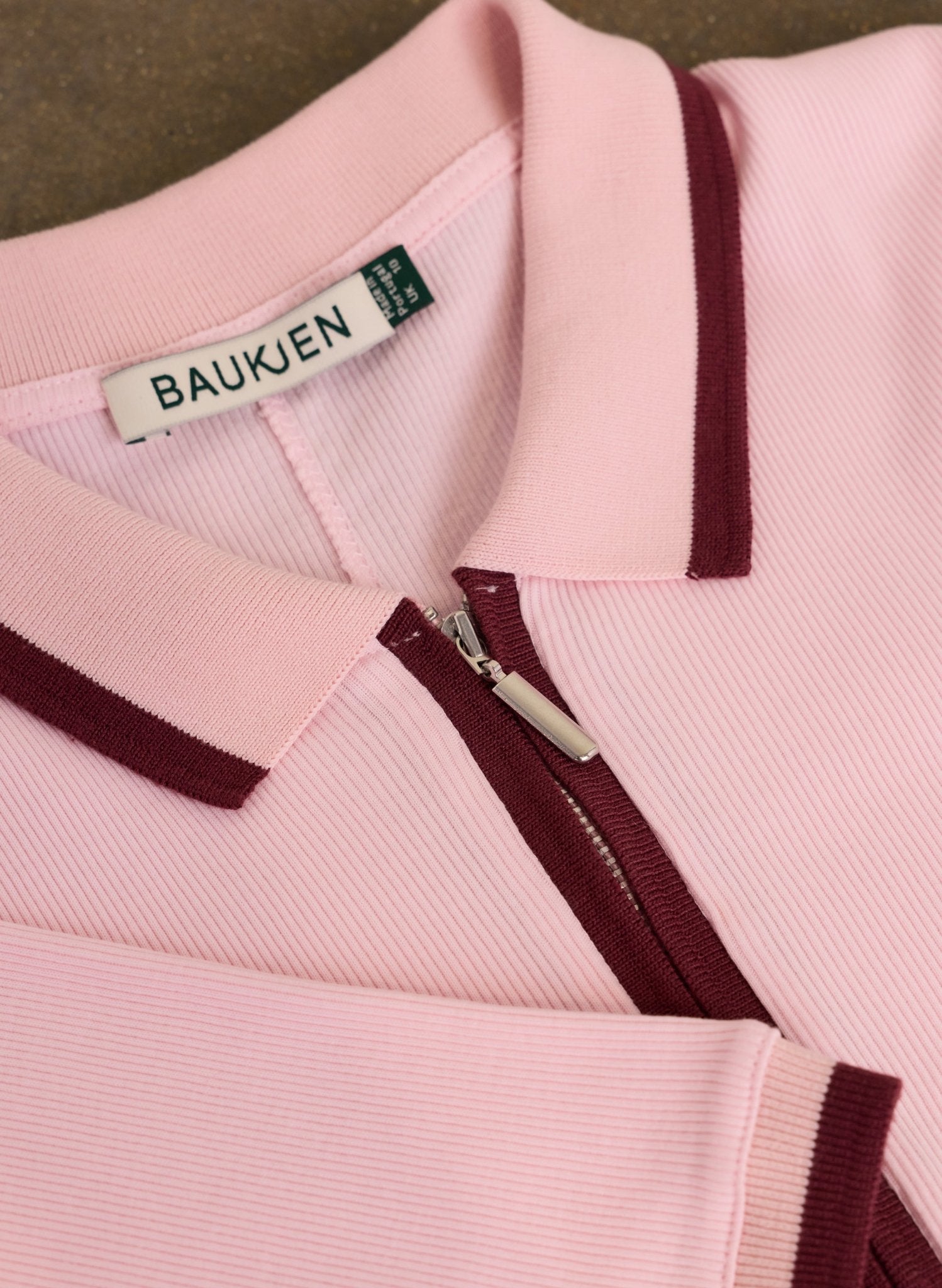 Naomi Organic Rib Zip Collar Top - Pastel Pink & Burgundy | Baukjen