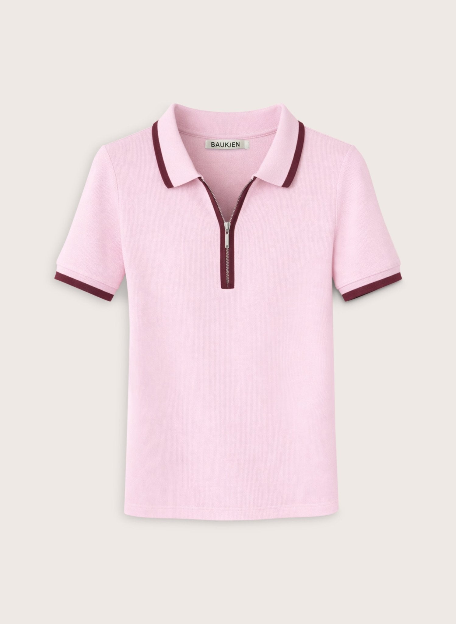 Naomi Organic Rib Zip Collar Top - Pastel Pink & Burgundy | Baukjen