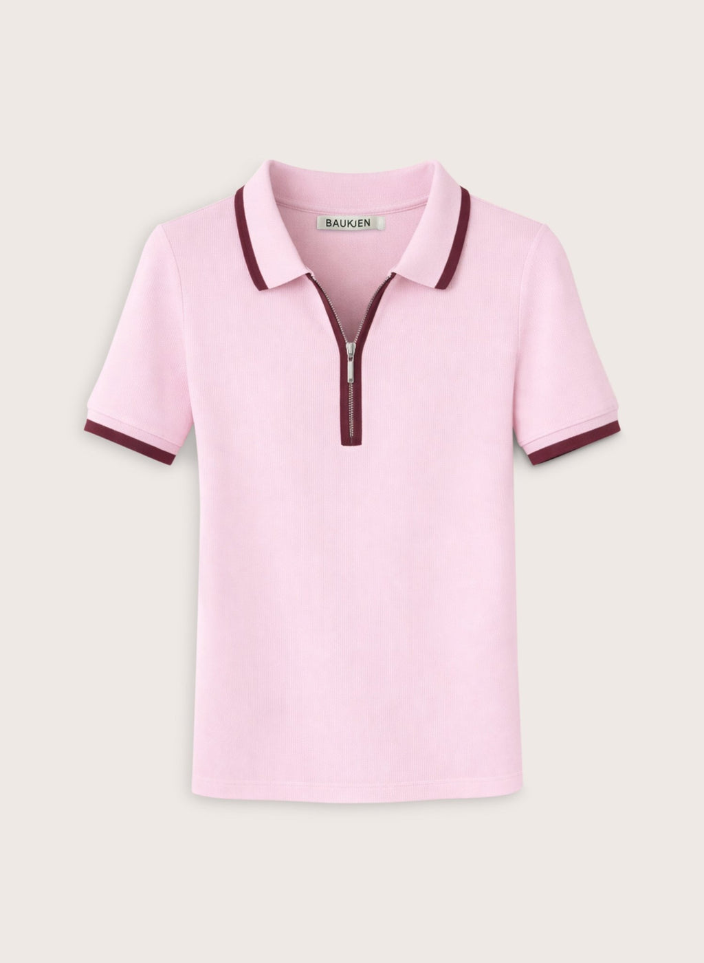 Naomi Organic Rib Zip Collar Top - Pastel Pink & Burgundy Baukjen