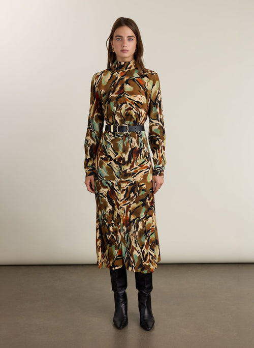 Neesha Printed Fit and Flare Dress - Brown Abstract Baukjen
