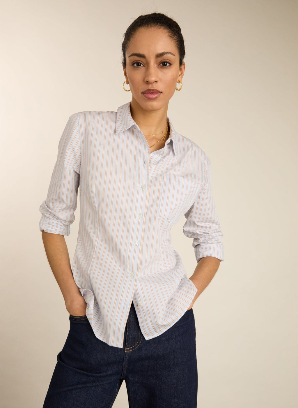Nicola Organic Cotton Stripe Shirt - Blue, Brown & White Stripe Baukjen