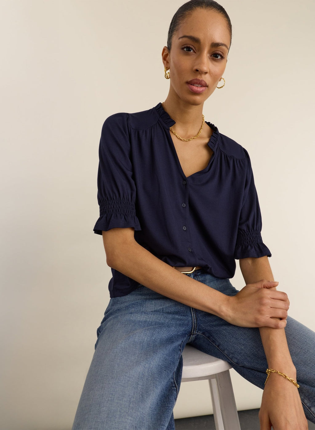 Noa Short Sleeve Blouse - Classic Navy Baukjen