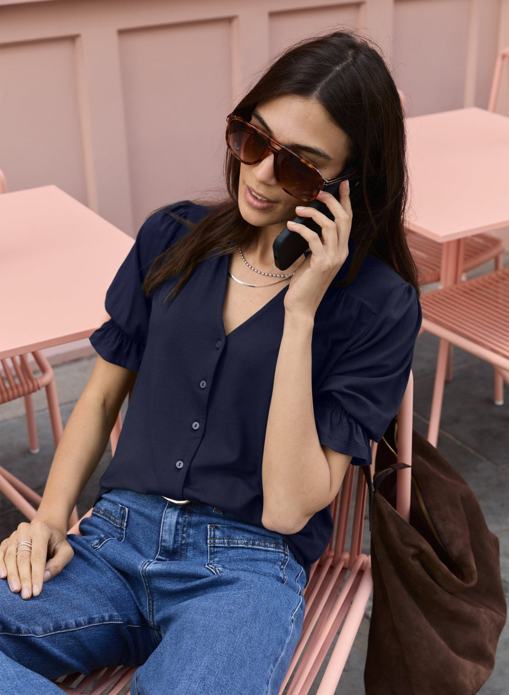 Noa Short Sleeve Blouse - Classic Navy Baukjen