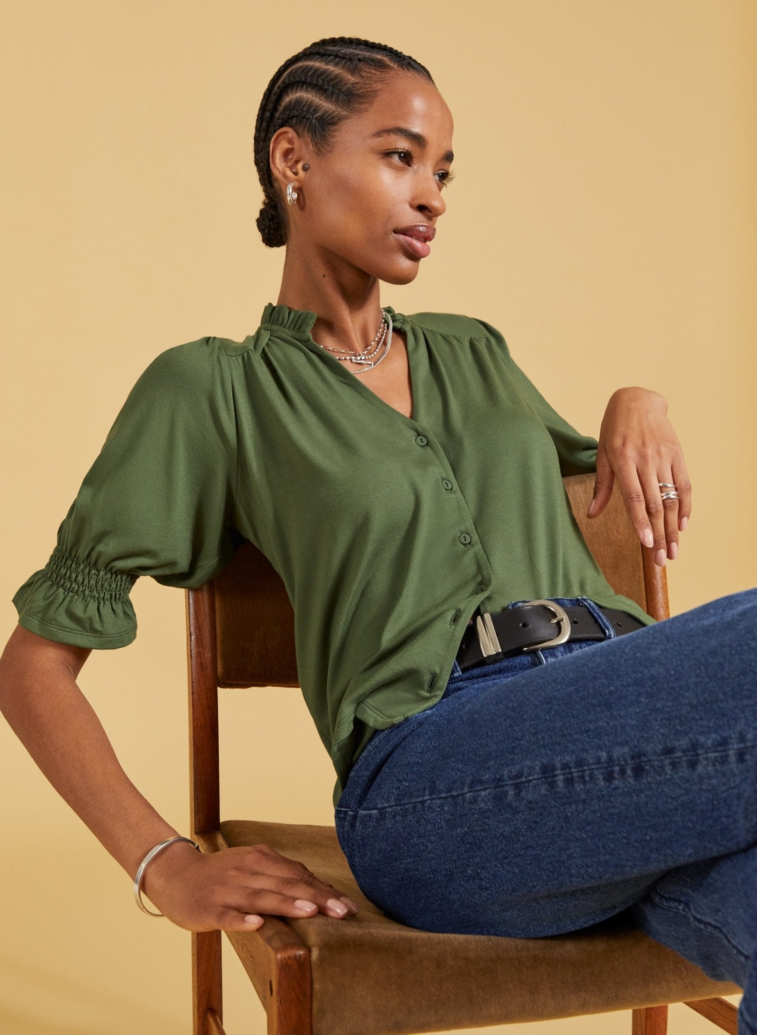 Noa Short Sleeve Blouse - Light Khaki Baukjen