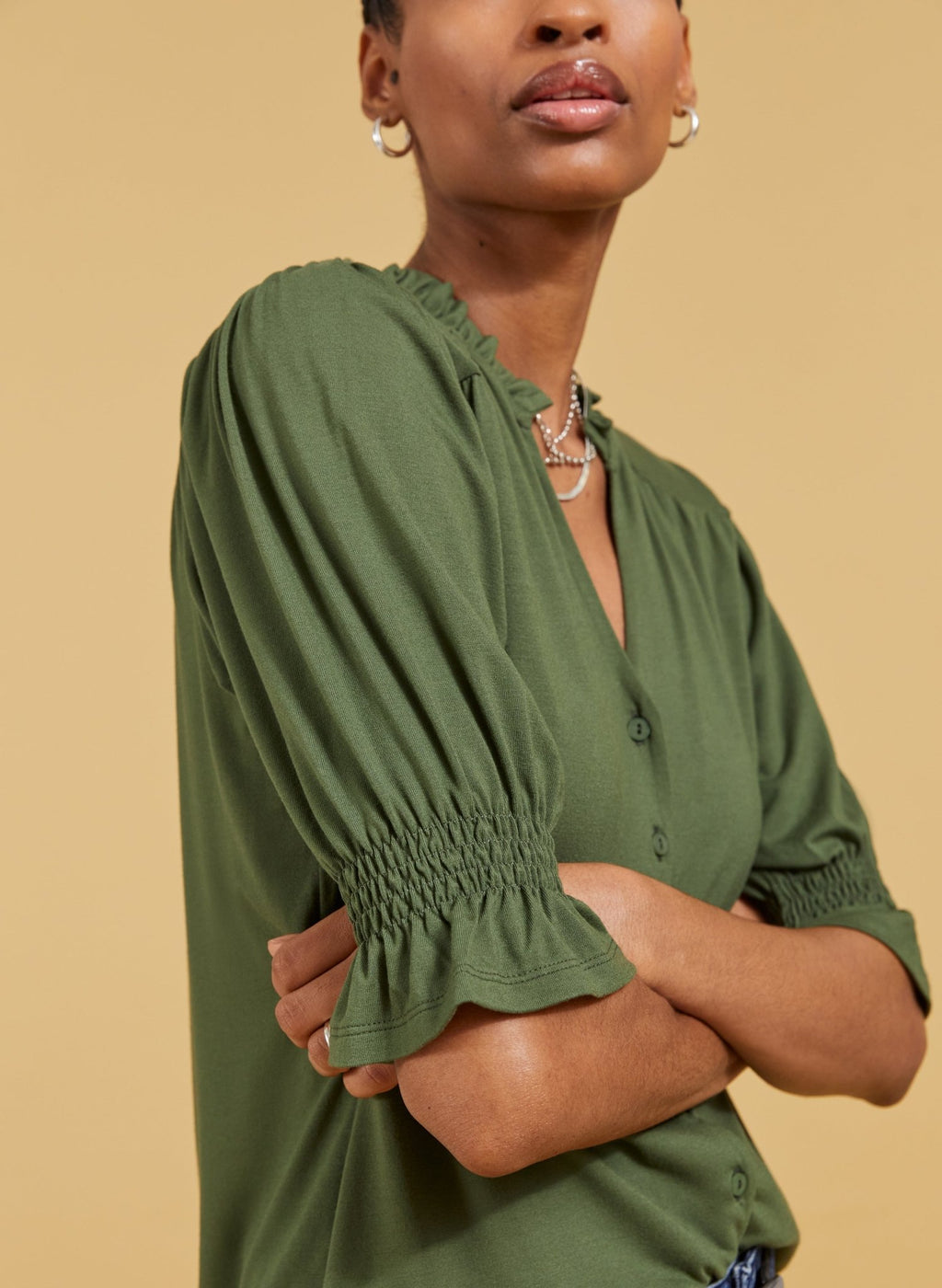 Noa Short Sleeve Blouse - Light Khaki Baukjen