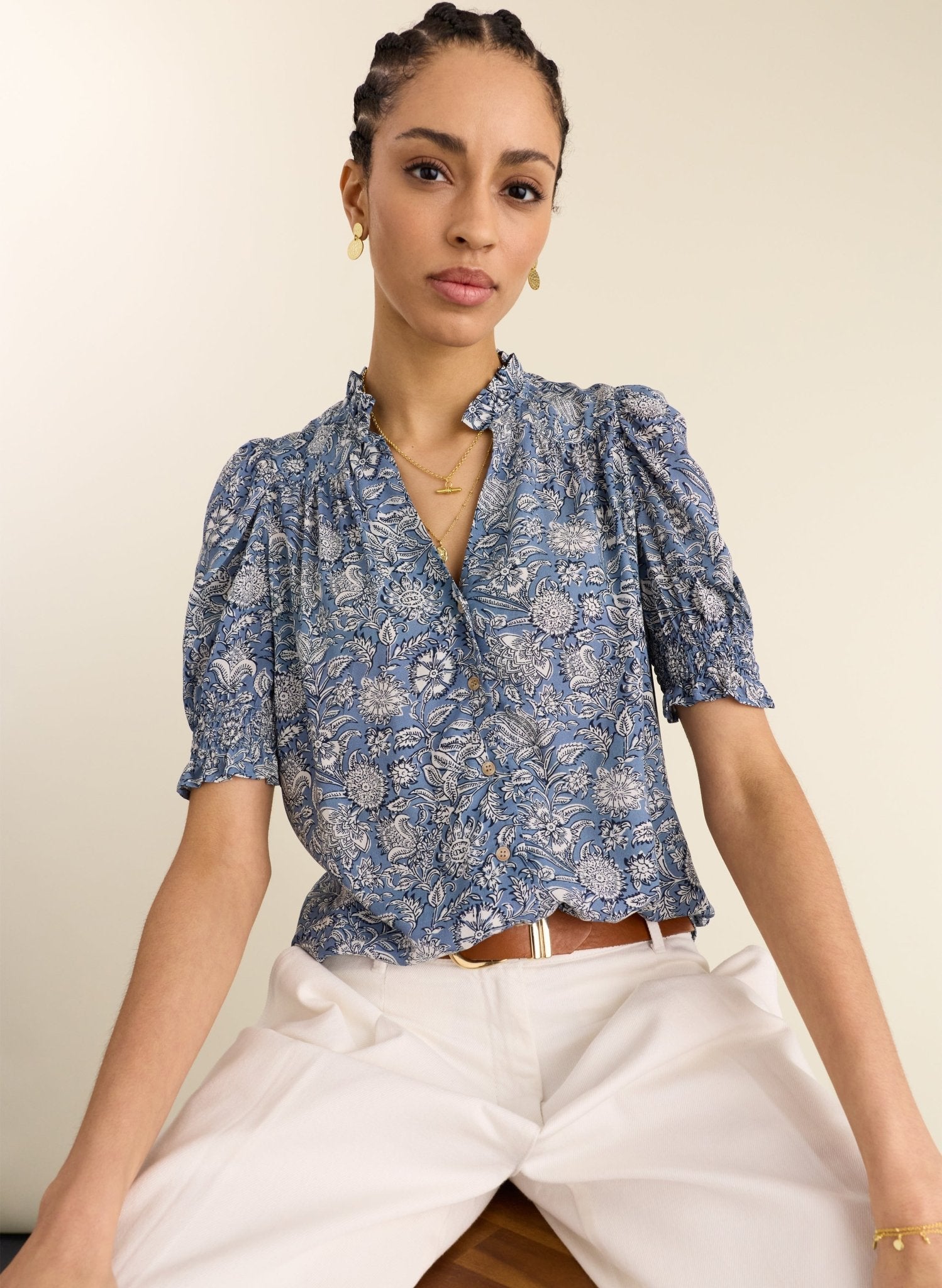 Nolan Printed Blouse - Denim Woodblock Print Baukjen
