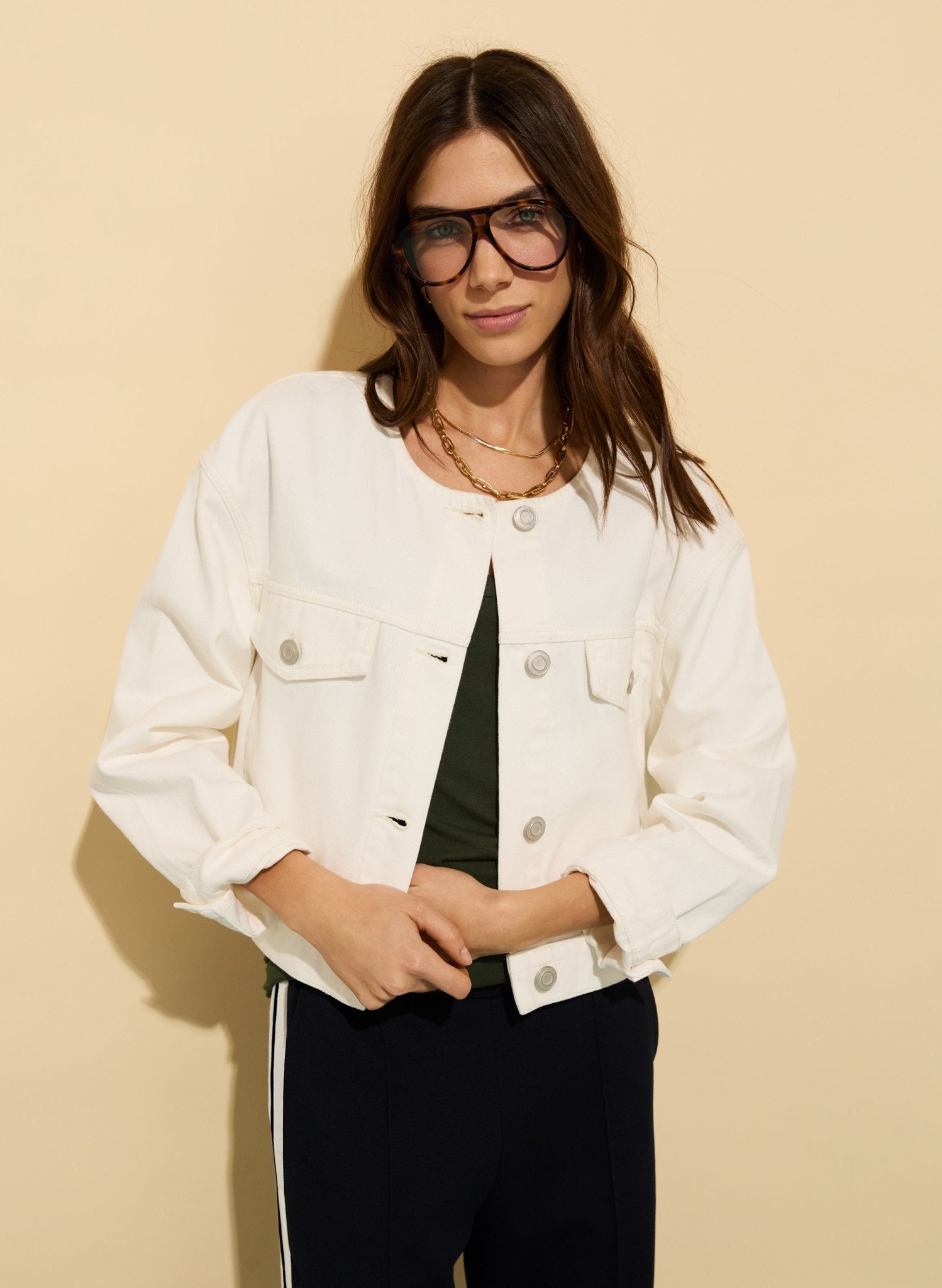 Nova Organic Cotton Collarless Denim Jacket - Soft White Baukjen