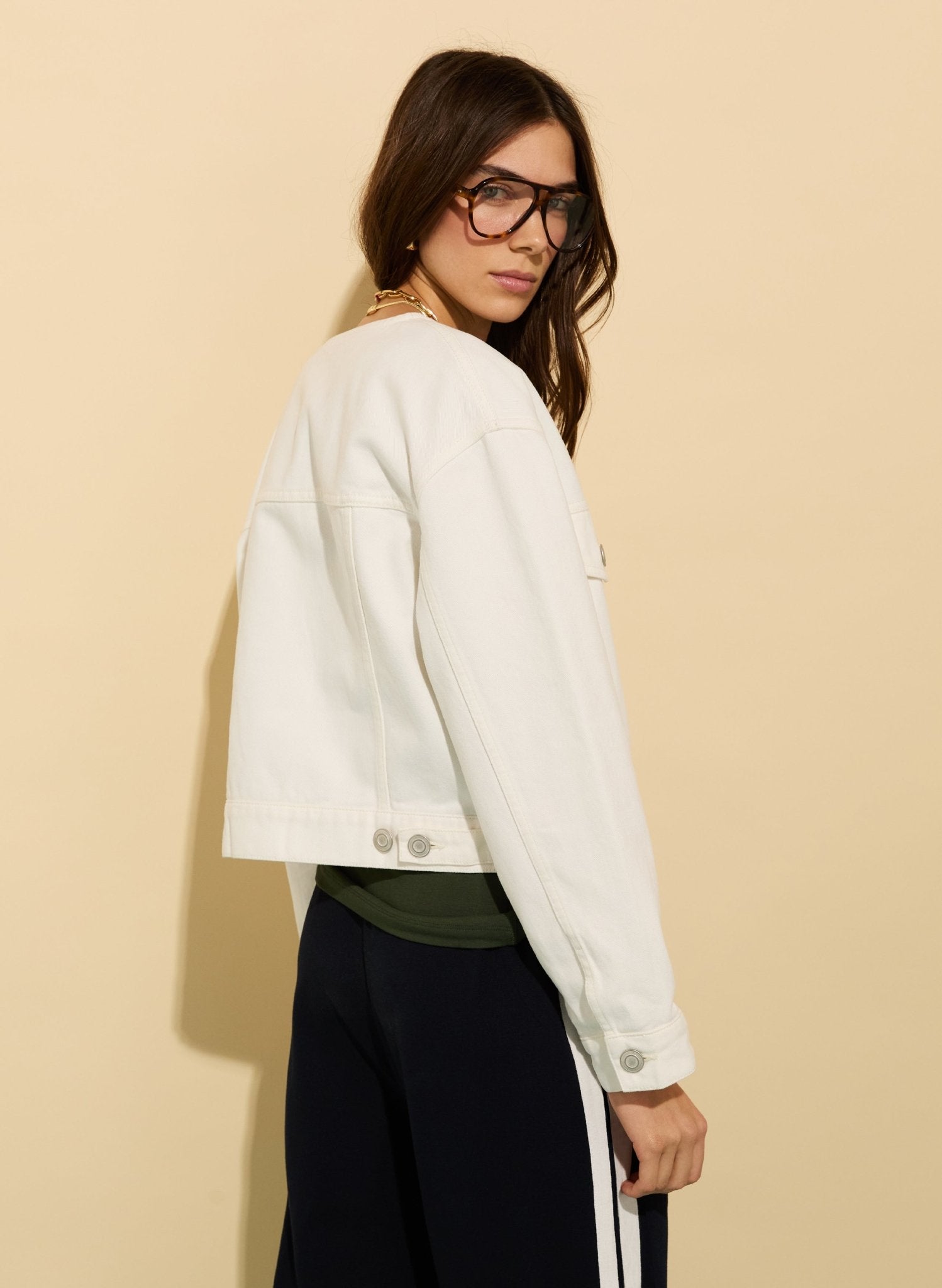 Nova Organic Cotton Collarless Denim Jacket - Soft White Baukjen