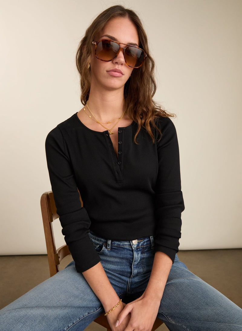 Organic Cotton Henley Top - Caviar Black Baukjen