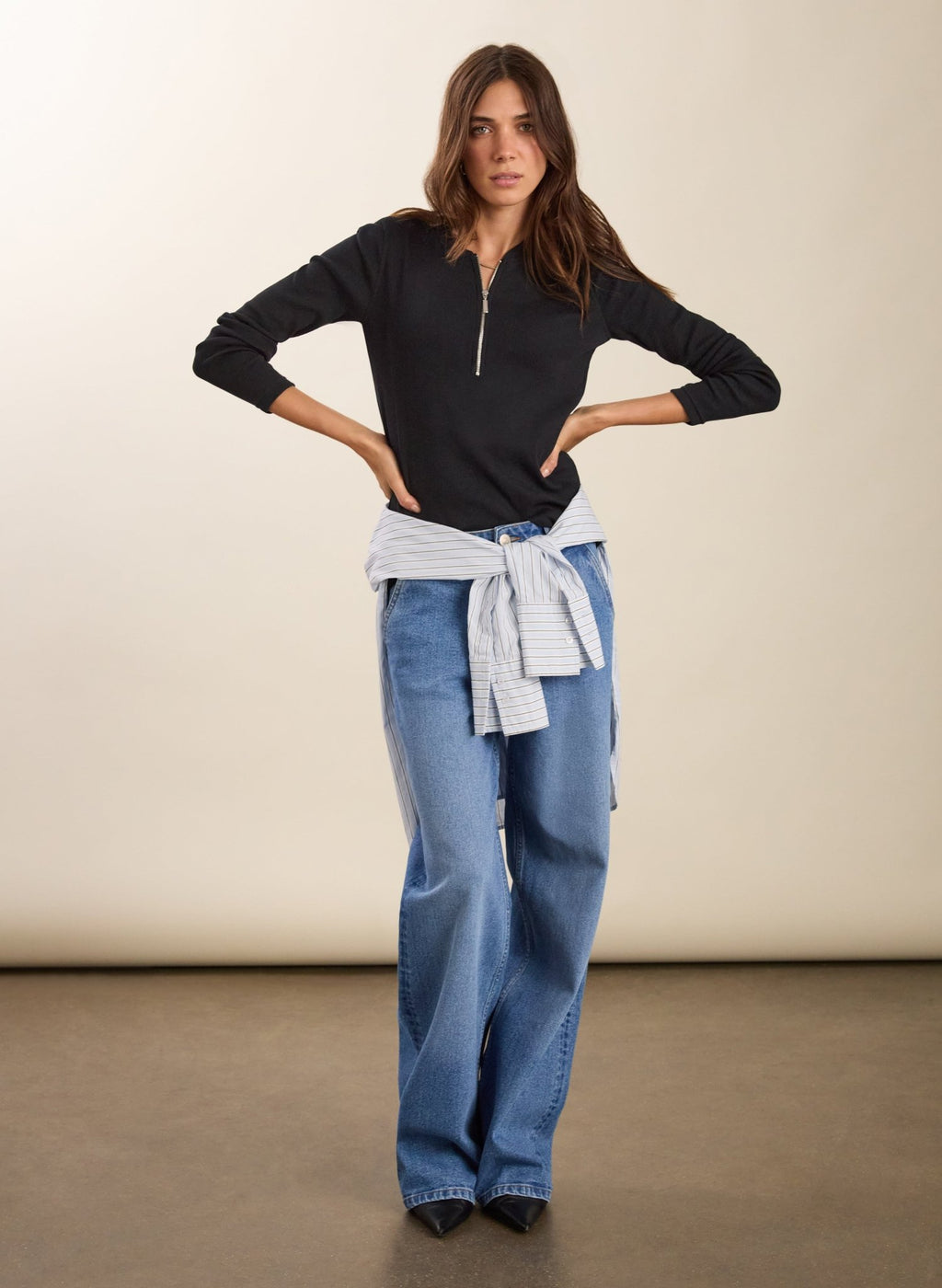 Organic Cotton Long Sleeve Zip Top - Caviar Black Baukjen