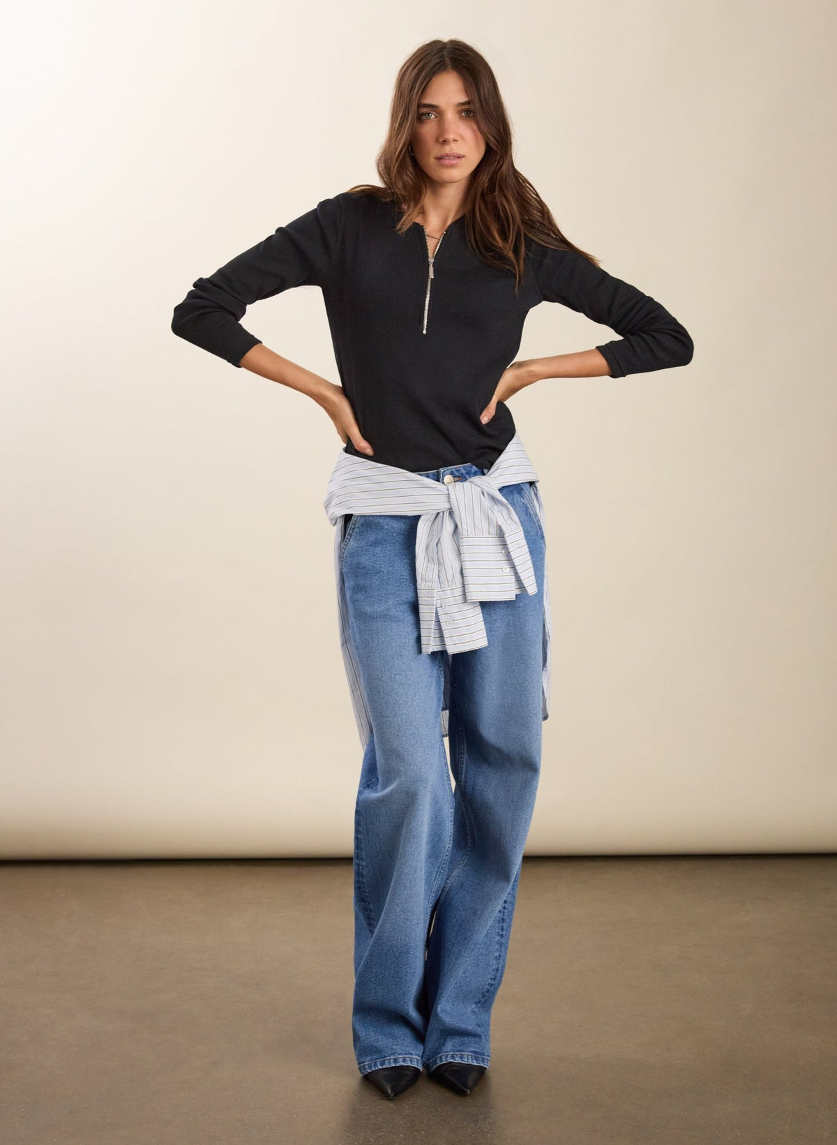 Organic Cotton Long Sleeve Zip Top - Caviar Black Baukjen