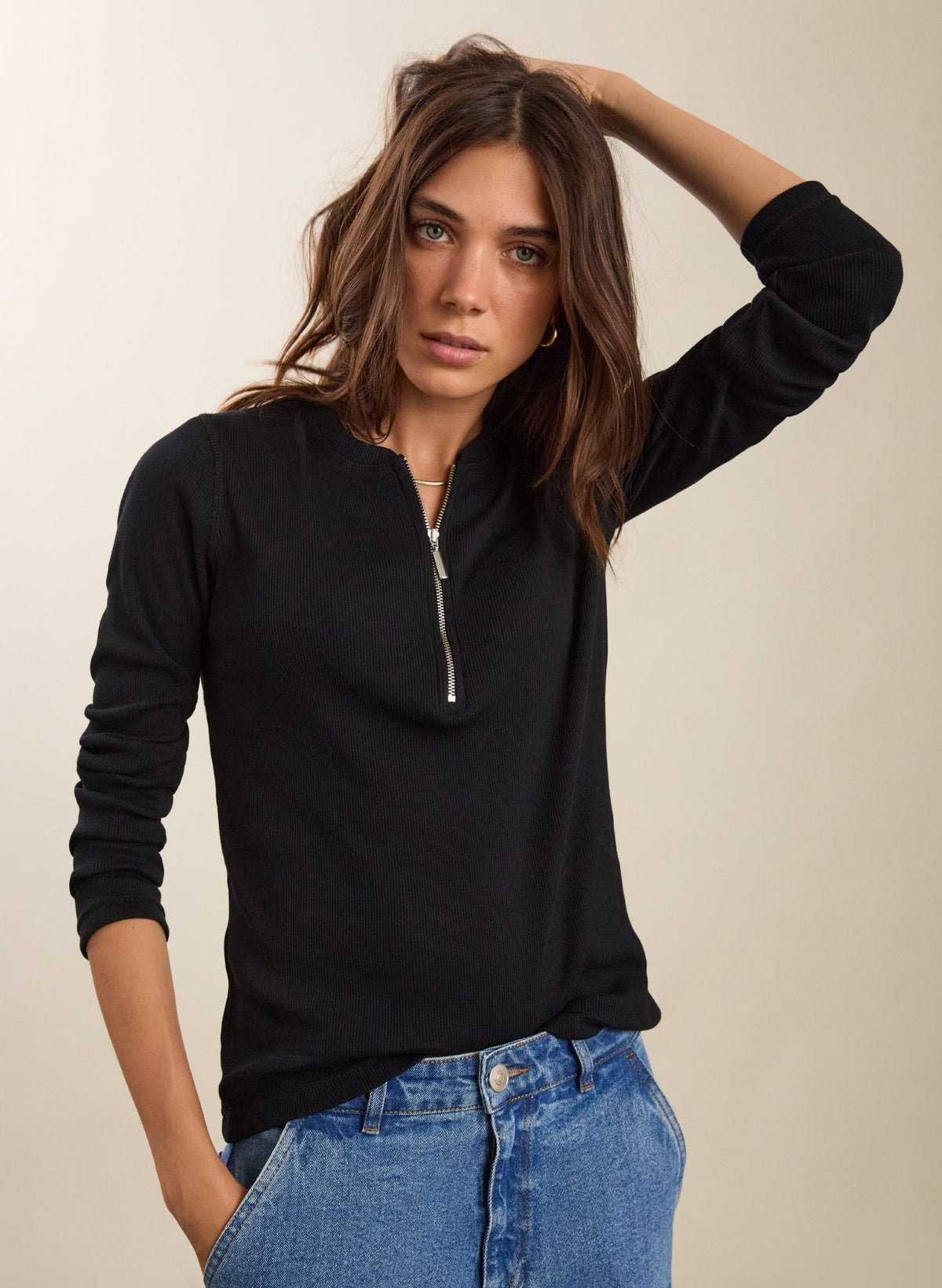 Organic Cotton Long Sleeve Zip Top - Caviar Black Baukjen