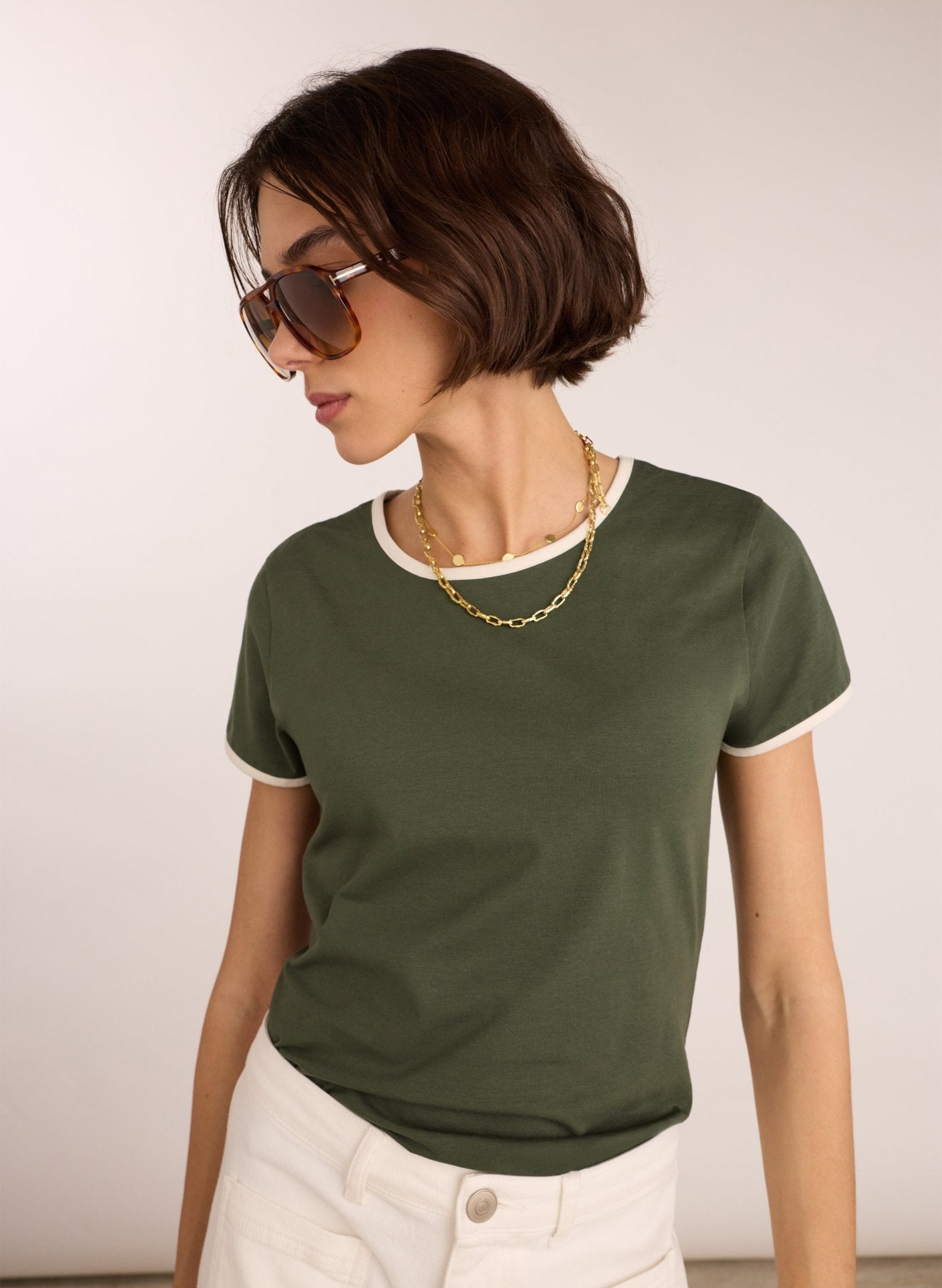 Organic Cotton Slim Tee - Khaki & Antique White Baukjen