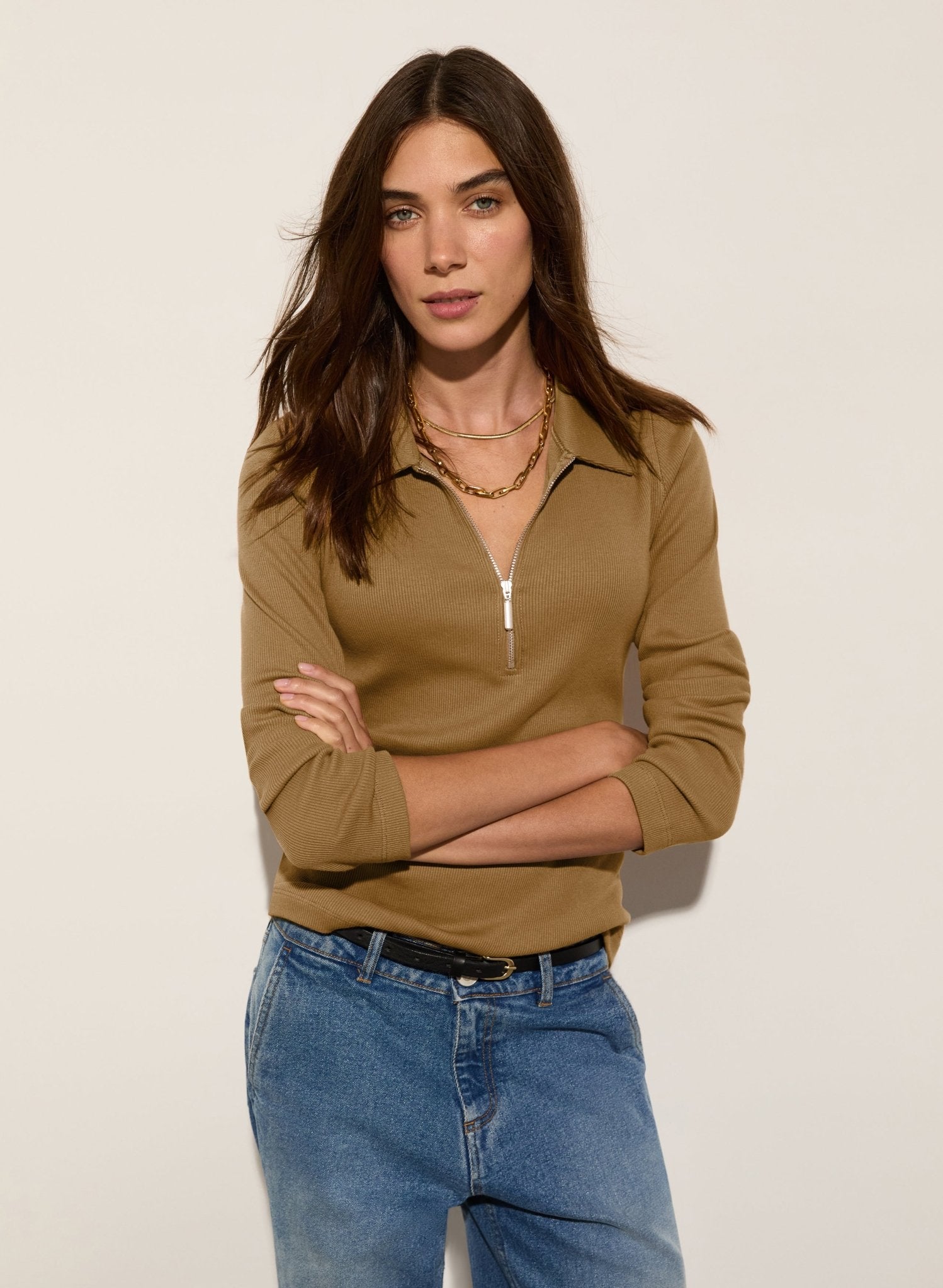 Organic Cotton Zip Collar Top - Camel Baukjen