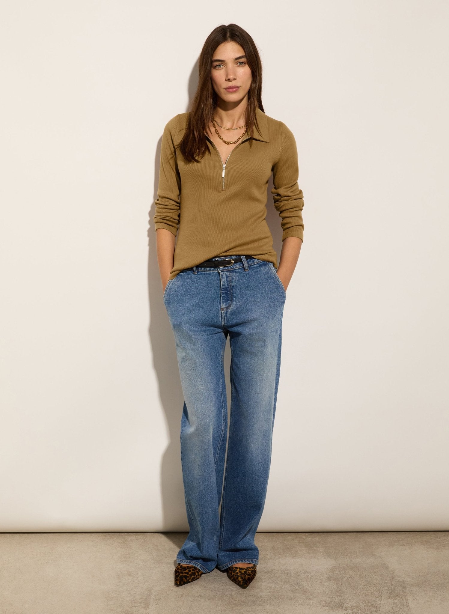 Organic Cotton Zip Collar Top - Camel Baukjen