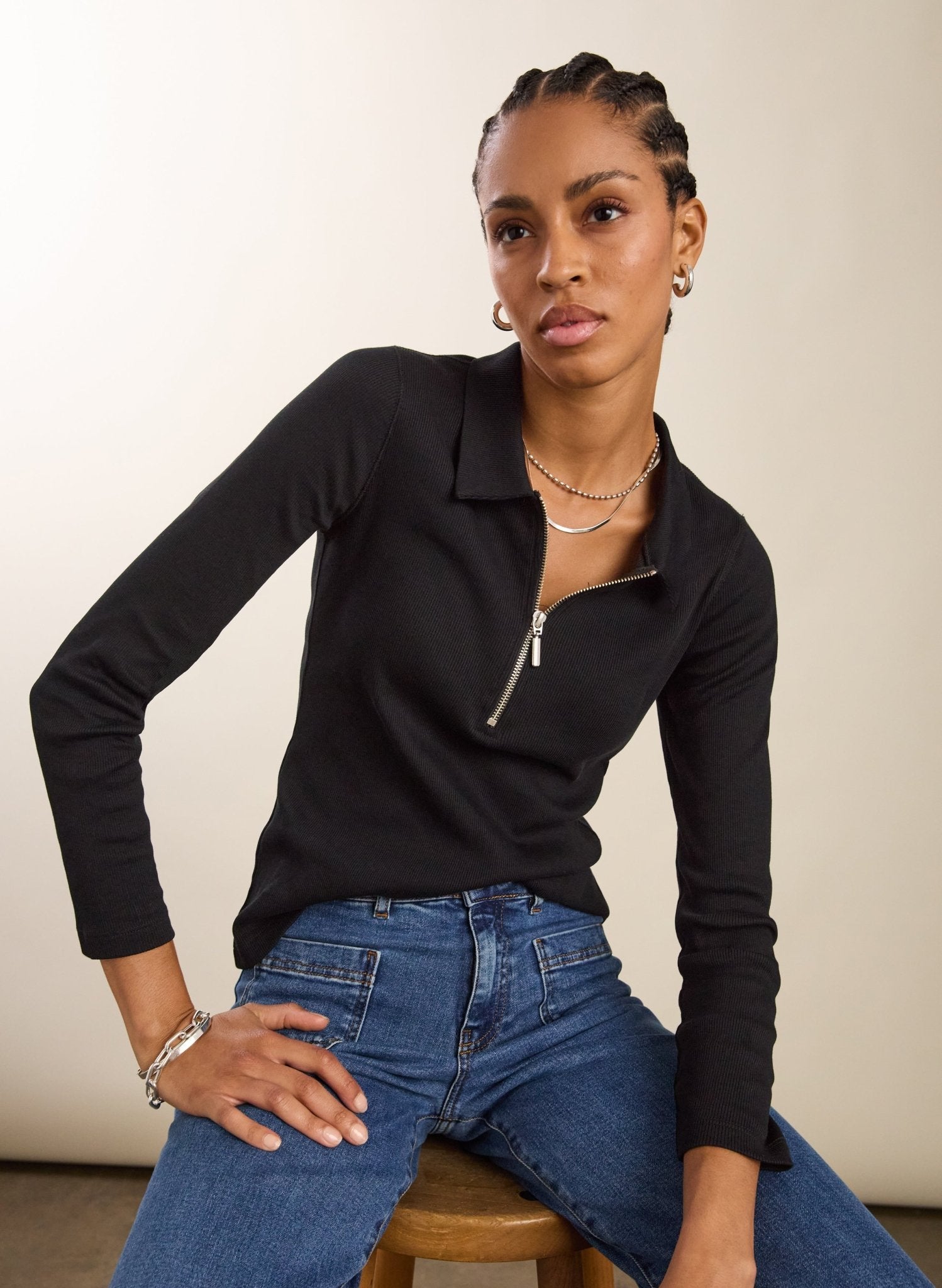 Organic Cotton Zip Collar Top - Caviar Black Baukjen