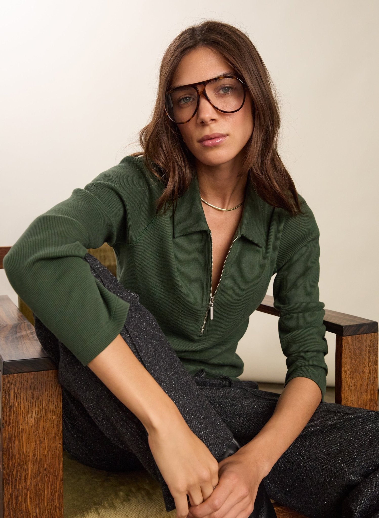 Organic Cotton Zip Collar Top - Deep Khaki Baukjen