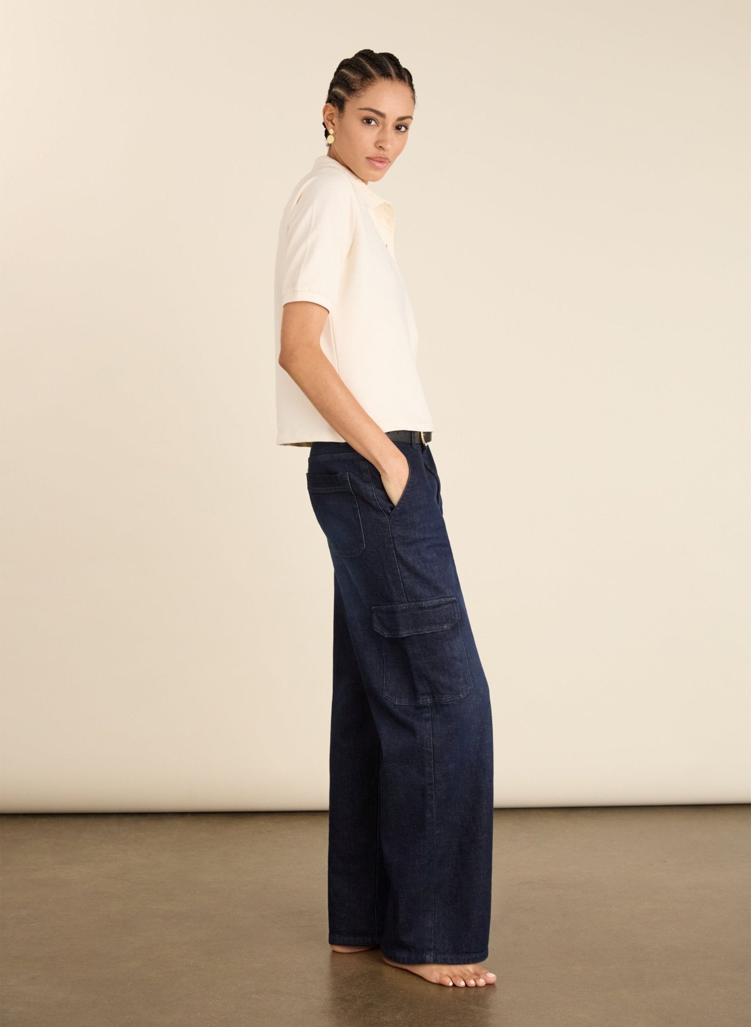 Organic Stretch Cotton Wide Leg Cargo Jeans - Dark Indigo Baukjen