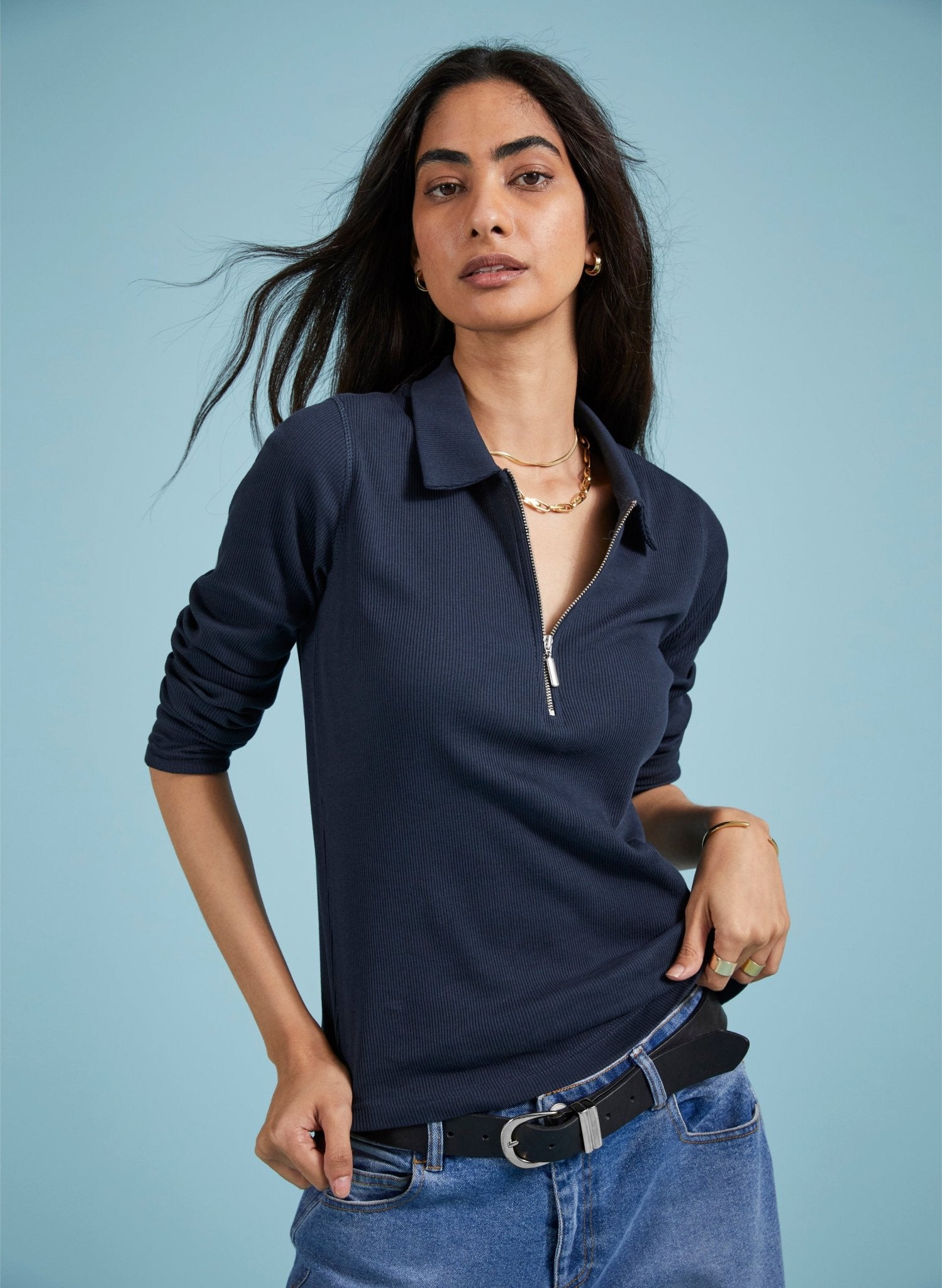 Organic Zip Collar Top - Classic Navy Baukjen