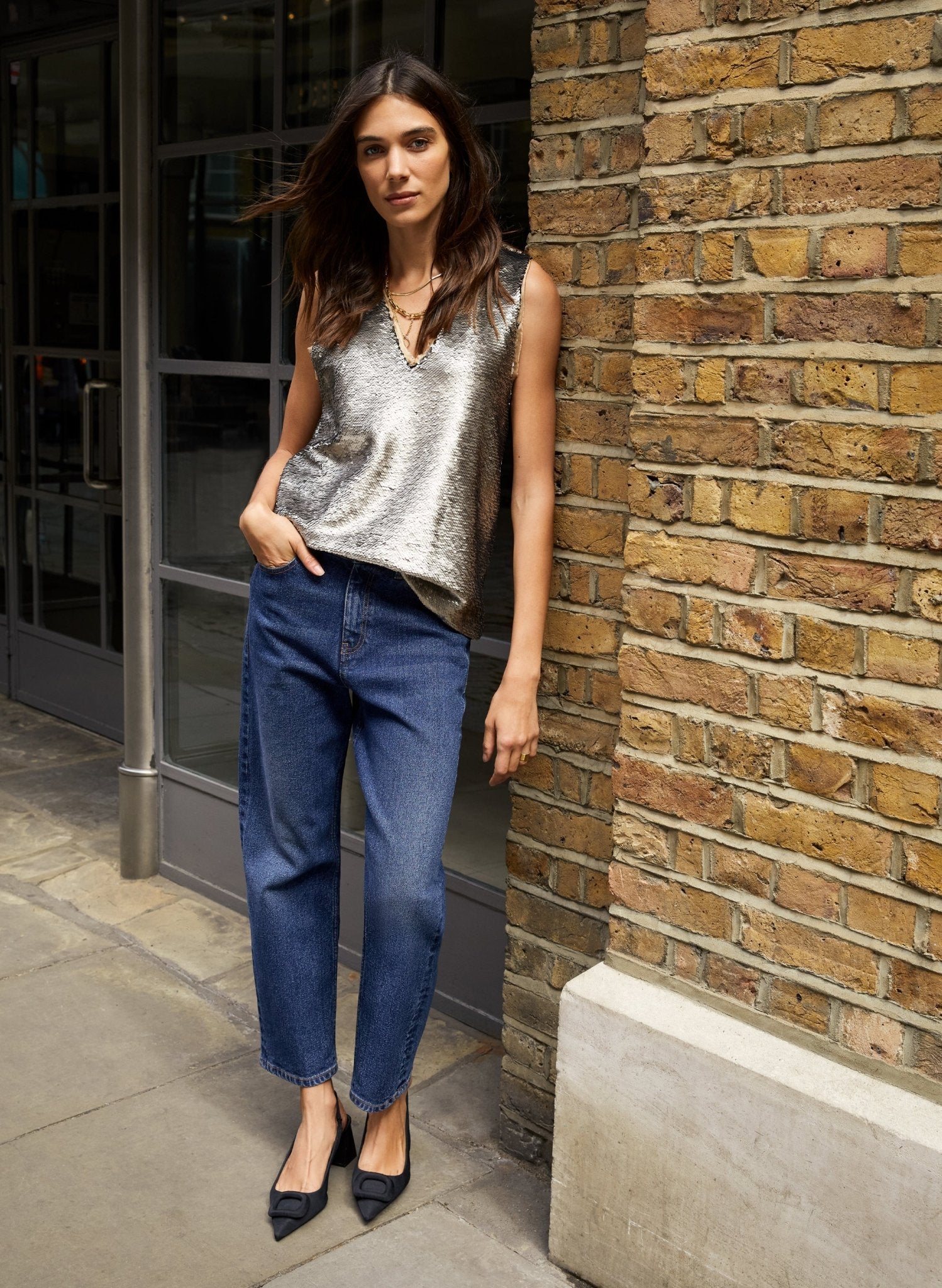 Ourania Recycled Sequin V - Neck Top - Silver Grey Baukjen