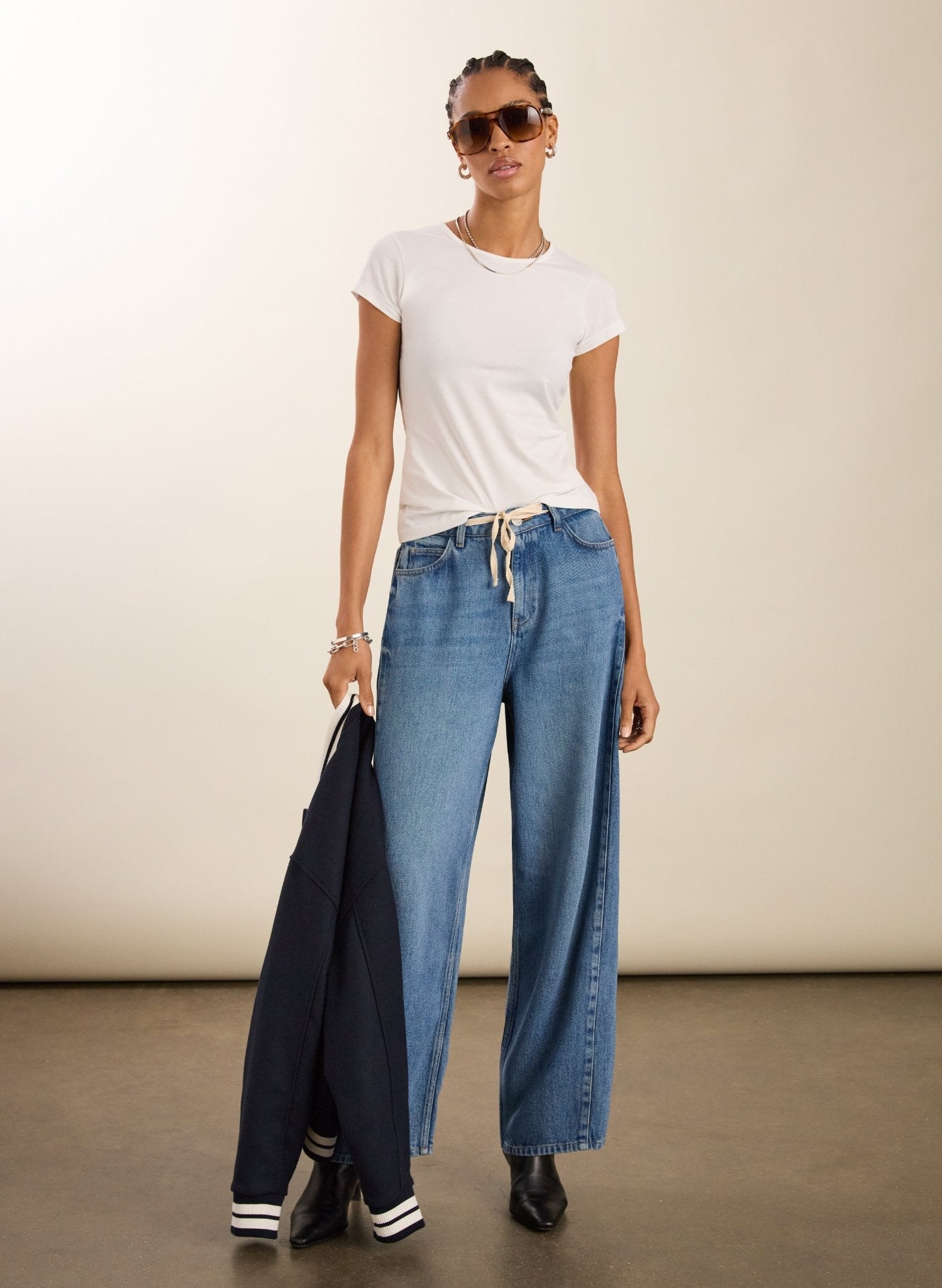 Petite Leonor Tie Front Wide Leg Jeans - Mid Wash Indigo Baukjen