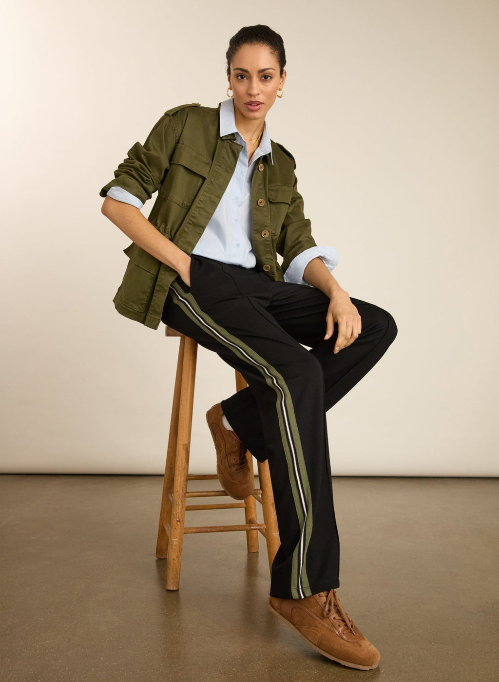 Petite Marjorie Side Stripe Ponte Trousers - Caviar Black & Khaki Baukjen