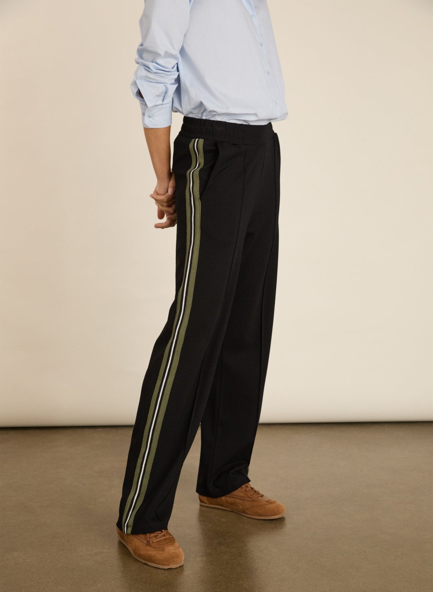 Petite Marjorie Side Stripe Ponte Trousers - Caviar Black & Khaki Baukjen