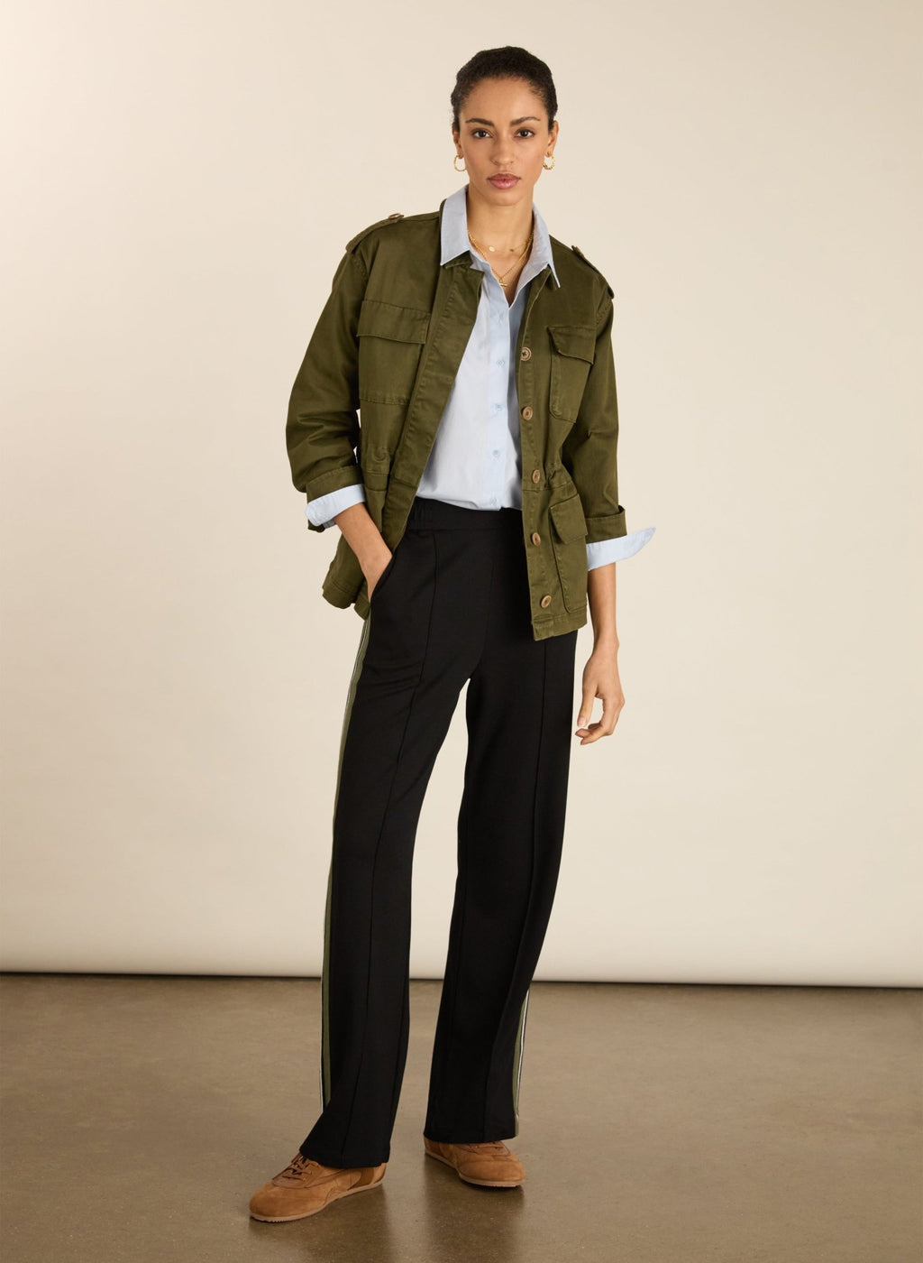 Petite Marjorie Side Stripe Ponte Trousers - Caviar Black & Khaki Baukjen