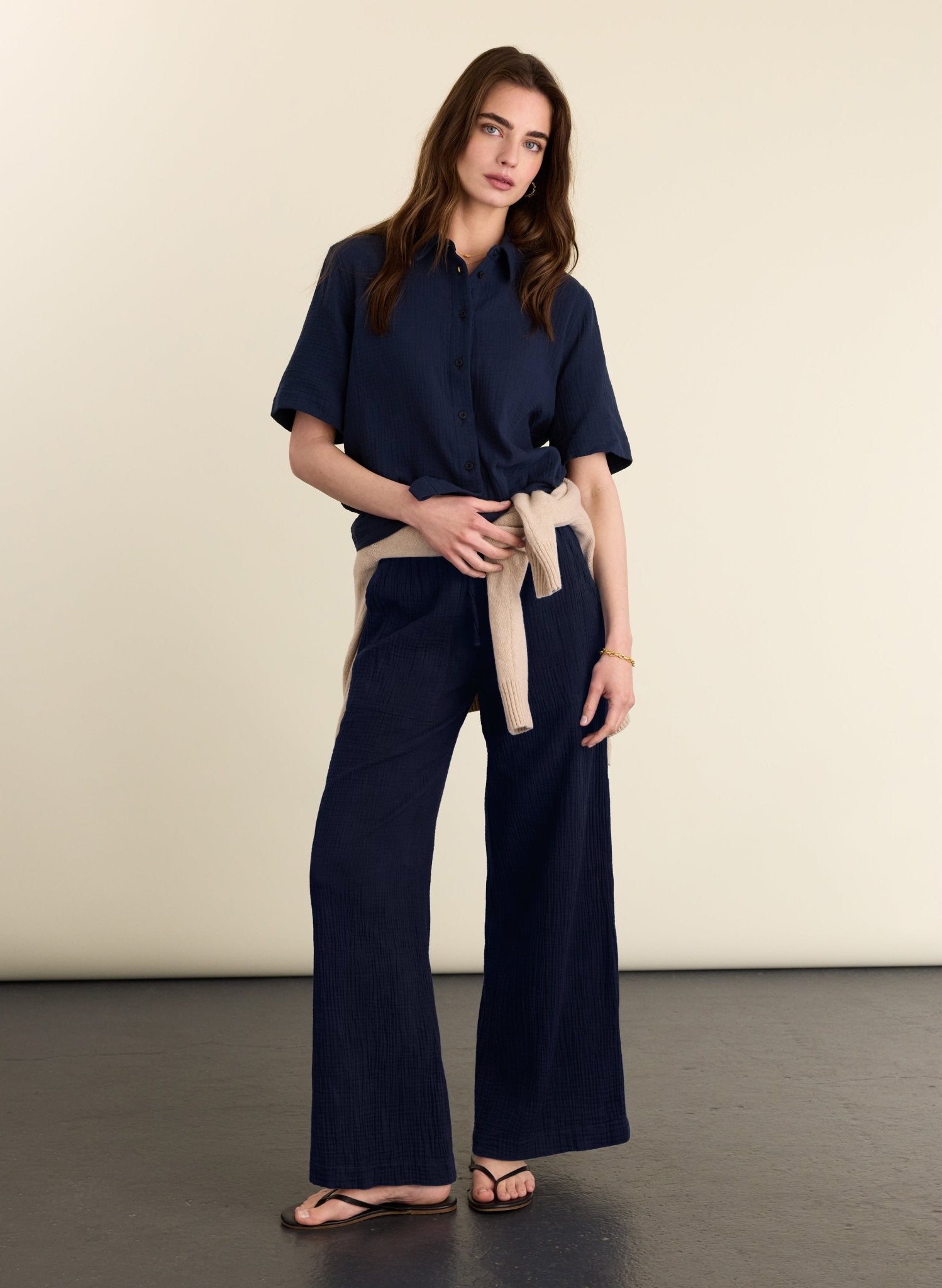Petite Melrose Double Cheesecloth Wide Leg Trousers - Deep Indigo Baukjen