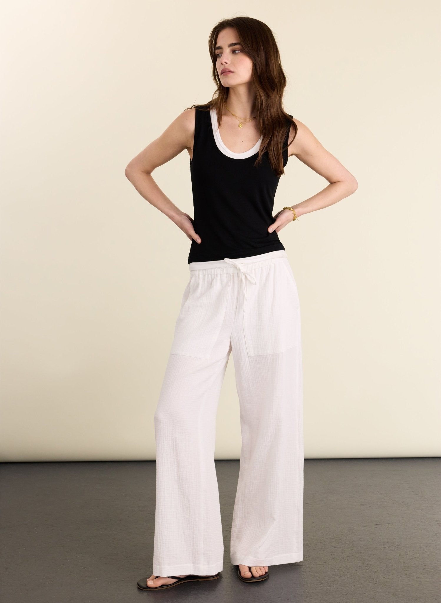 Petite Melrose Double Cheesecloth Wide Leg Trousers - Pure White Baukjen