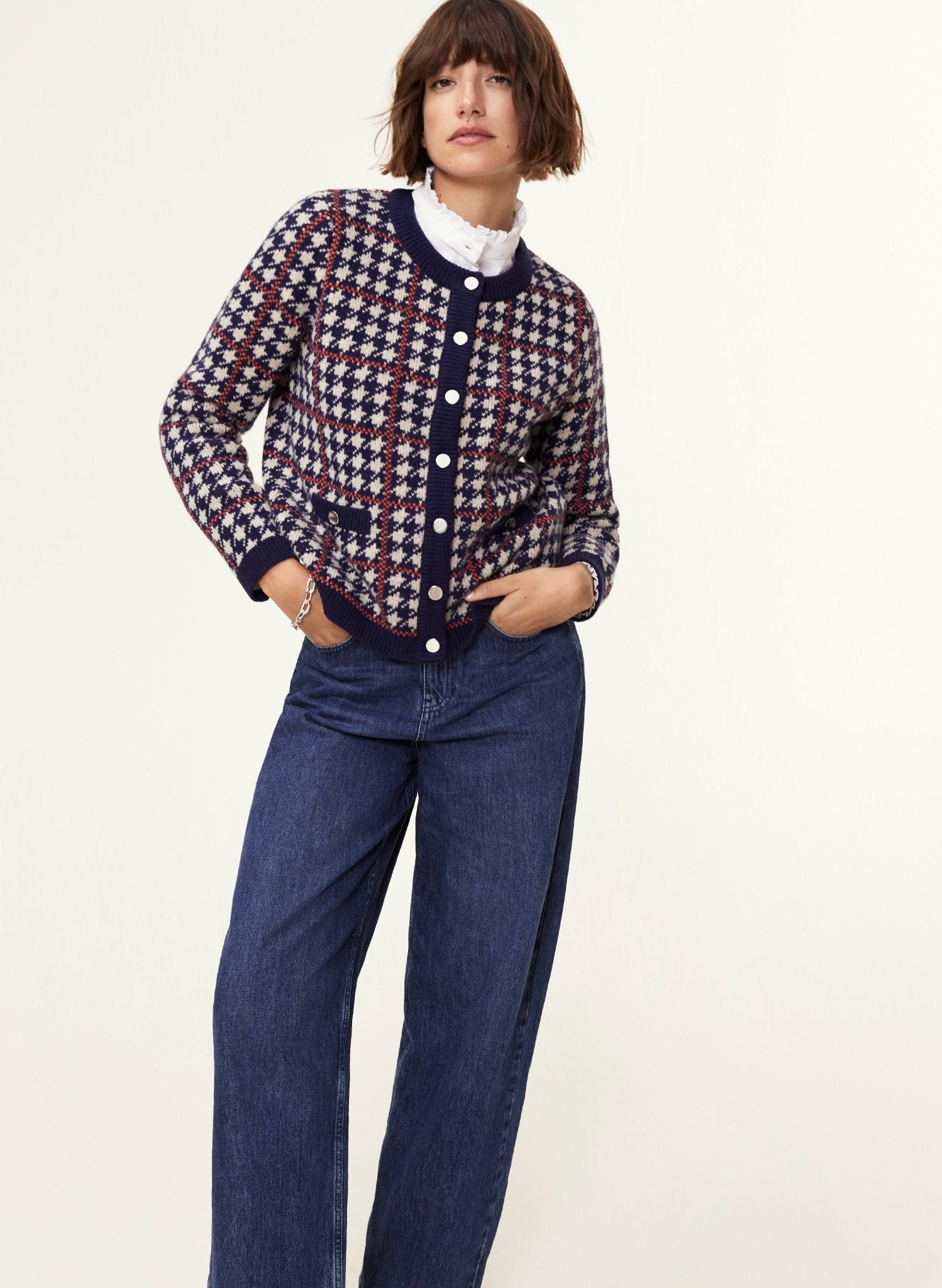 Prudence Recycled Wool Knitted Jacket - Navy and Natural Baukjen